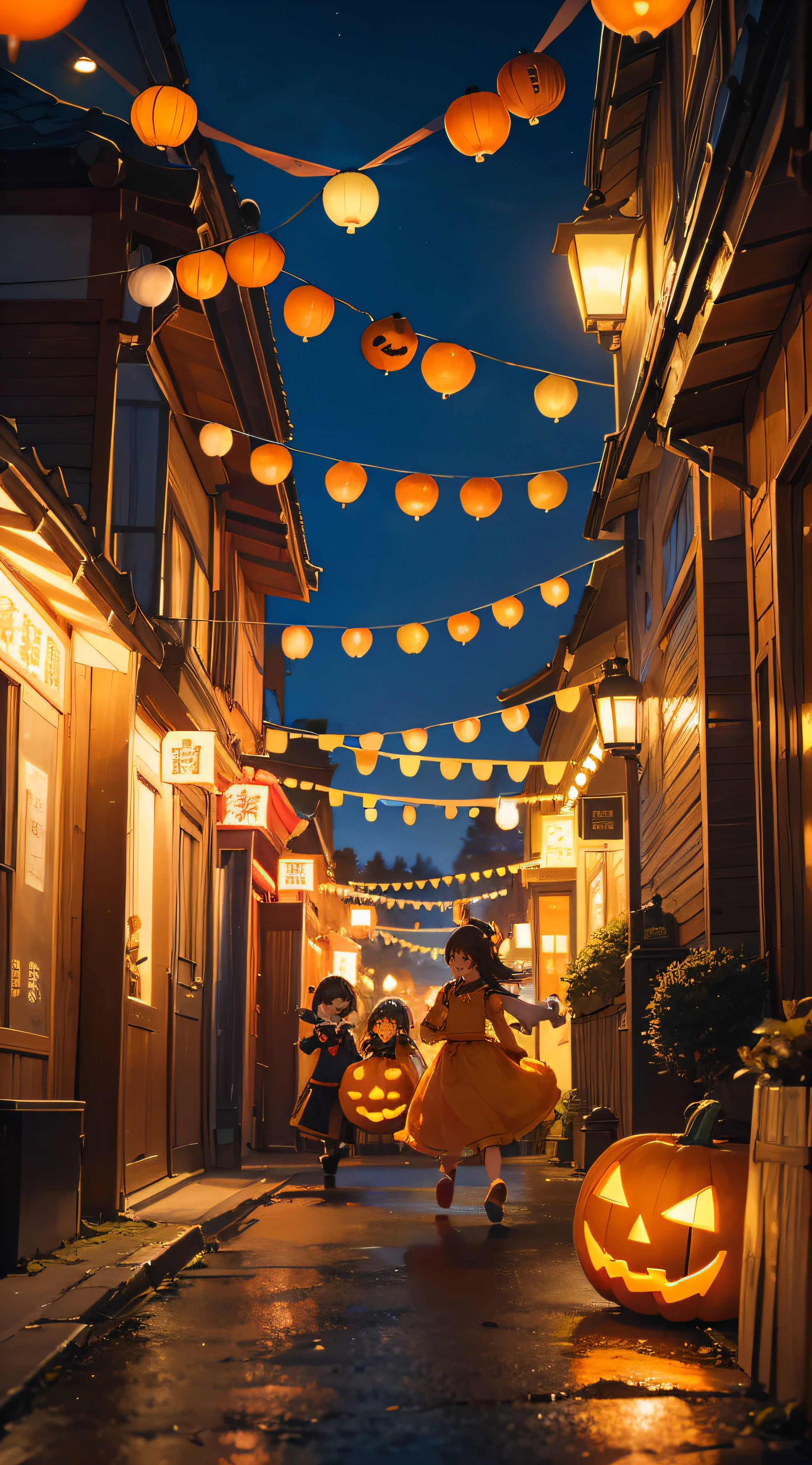 On a bright autumn night，Halloween cheer pervades the town。The town at this time is like a colorful painting，Full of energy and fun。The houses on both sides of the street are decorated with bustling activity，The jack-o-lanterns in the front yard lit up with a warm glow，It was as if cheering and waving to the children。 The children were dressed in a variety of costumes，There is a cute pumpkin suit、There are little princesses and little princes from fairy tales、There is a superhero dress-up，They ran through the streets excitedly，Running from house to house，Collect baskets full of sweets and snacks。Their laughter and screams of excitement echoed through the night sky，Adds a joyful atmosphere to this special evening。 In the center of the town，Adults have prepared a variety of games and activities for the children。There are lantern riddles，There are apples to catch，There is also a pumpkin carving competition。Children have fun in the game，The adults watched quietly，Occasionally, it will be added to the children's games，The whole town is like one big family，There was a lot of laughter。 The eaves are covered with colorful lanterns and balloons in the shape of ghosts，The trees are covered with all kinds of jack-o-lanterns，In front of each door is a pot of pumpkins that are cleverly carved into various shapes。The candle inside the jack-o'-lantern glows warmly，Adding a touch of mystery to this joyous evening。 It's a place full of joy and mystery、Halloween scene for kids。On this night，Every child can play to their heart's content，Adults can also put their worries aside for a while，Enjoy this mystical and joyful festival together。