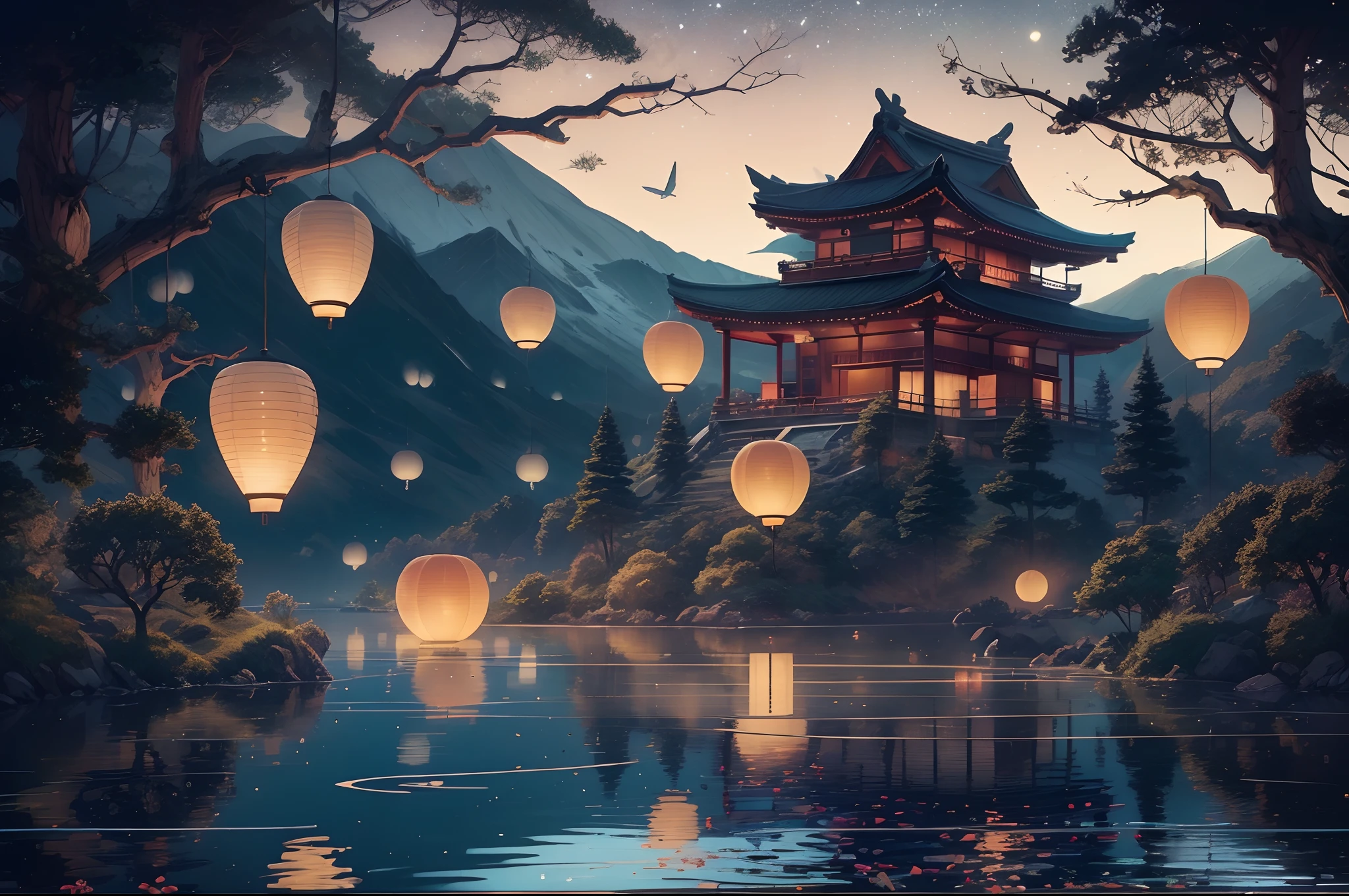 A nightscape inspired by Japanese art, with a Mountain lit by paper lanterns and a wooden cabin over a tranquil lake. The starry sky is reflected in the water, creating a magical environment. On the shore of the lake, there is a small Zen temple lit by candles, where people come to meditate. The leaves of the trees sway gently in the wind, creating a calm and tranquil atmosphere.