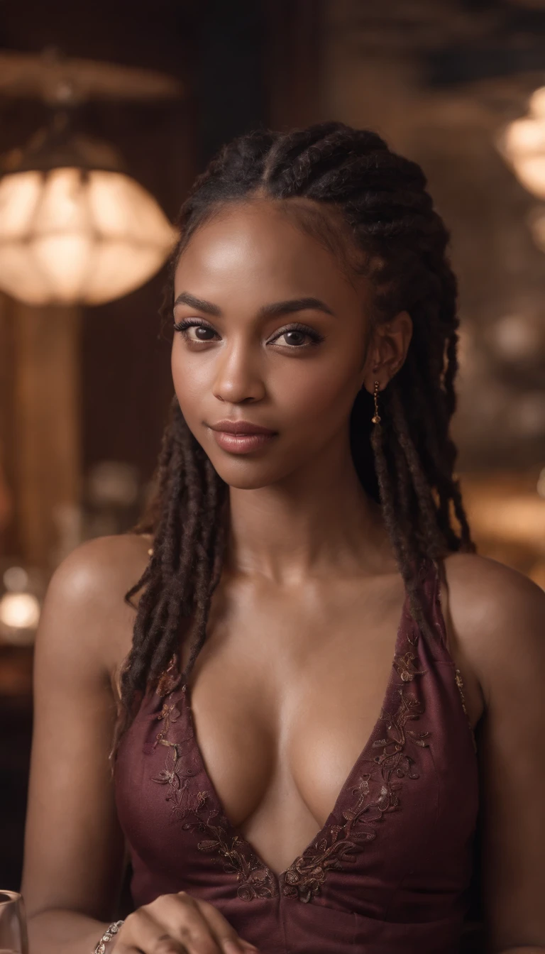 Photorealistic Beautiful light-black girl, mixed-race girl, cocktail dress, brown skin, long dreadlocks, many small tattoos and piercings, cleavage, full-body portrait hyperrealism, restaurant, wine, character, chibi, real, art, blast, photography, beautiful, colorful, realistic, masterpieces, superior quality, best quality, official art, beautiful and aesthetic,