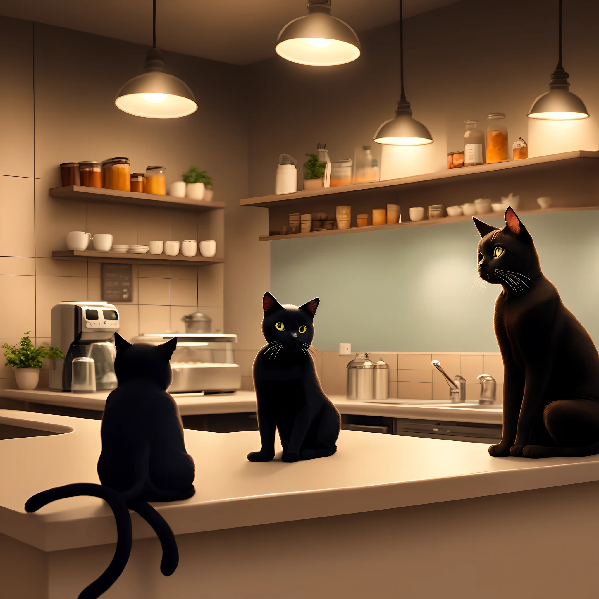 Lofi style cafe with a black cat on the counter corner. Night time. Dim lighting. No people.