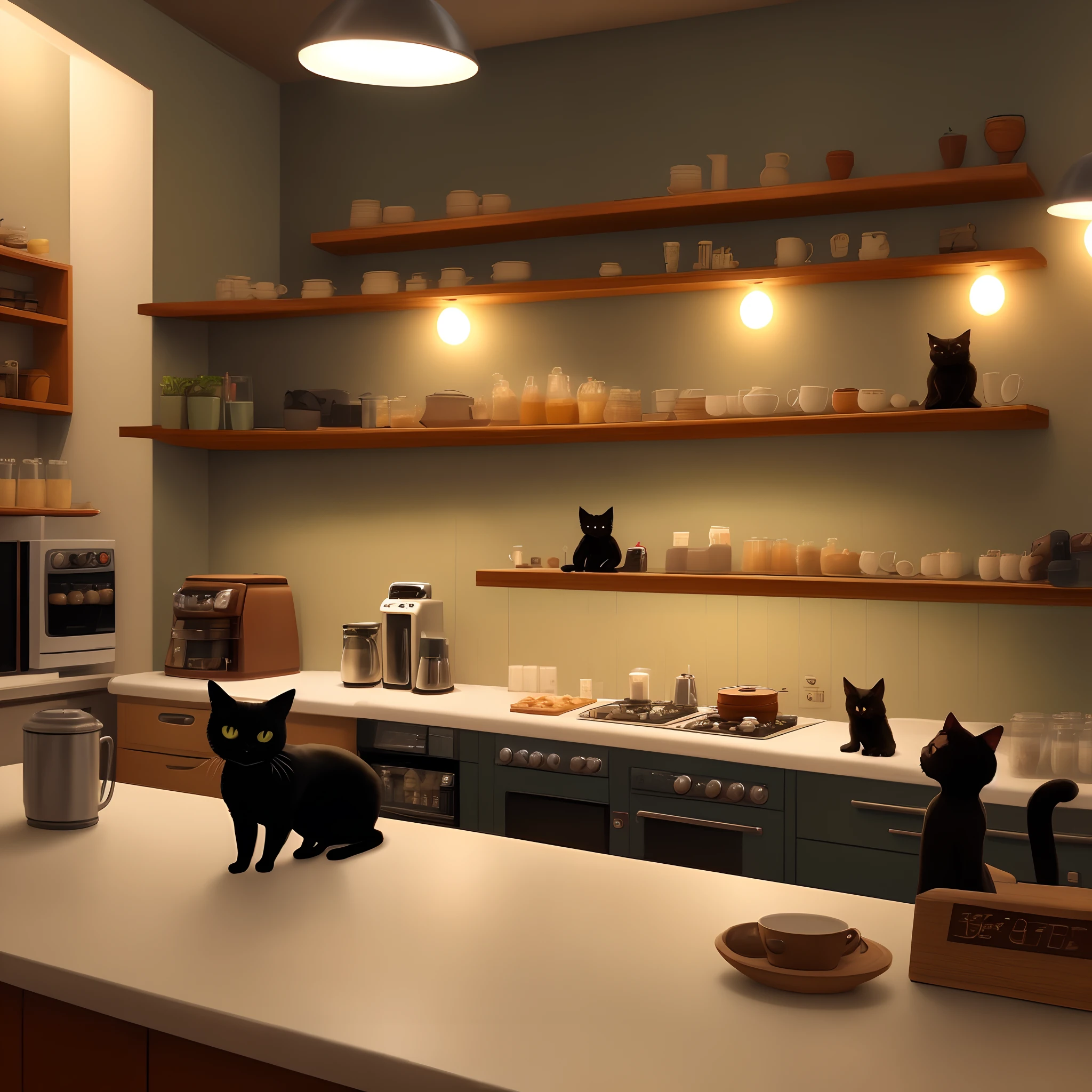 Lofi style cafe with a black cat on the counter corner. Night time. Dim lighting. No people.