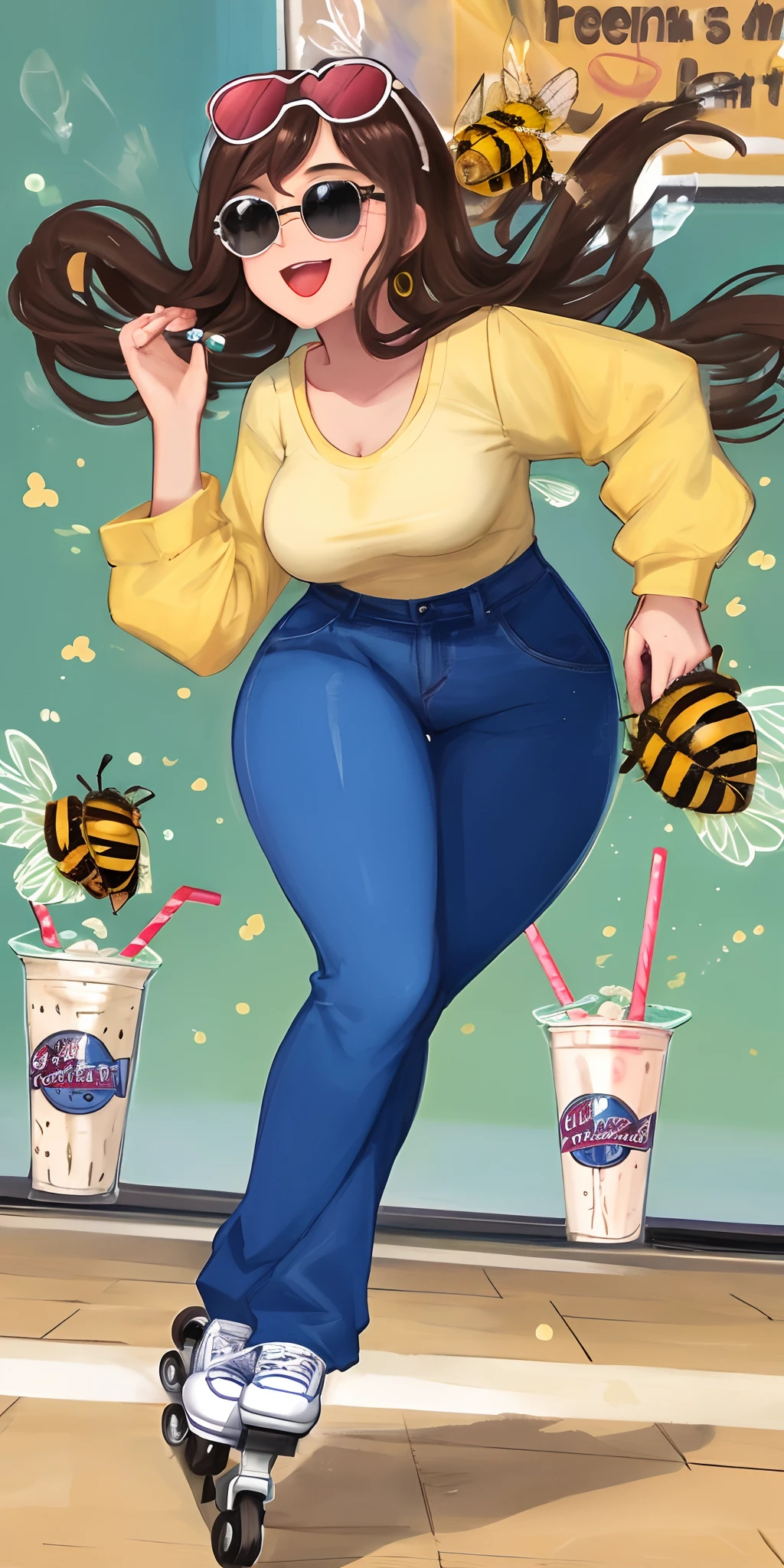 Bee with dark hair and sunglasses. curvy person roller skating cute with bees and a milkshake