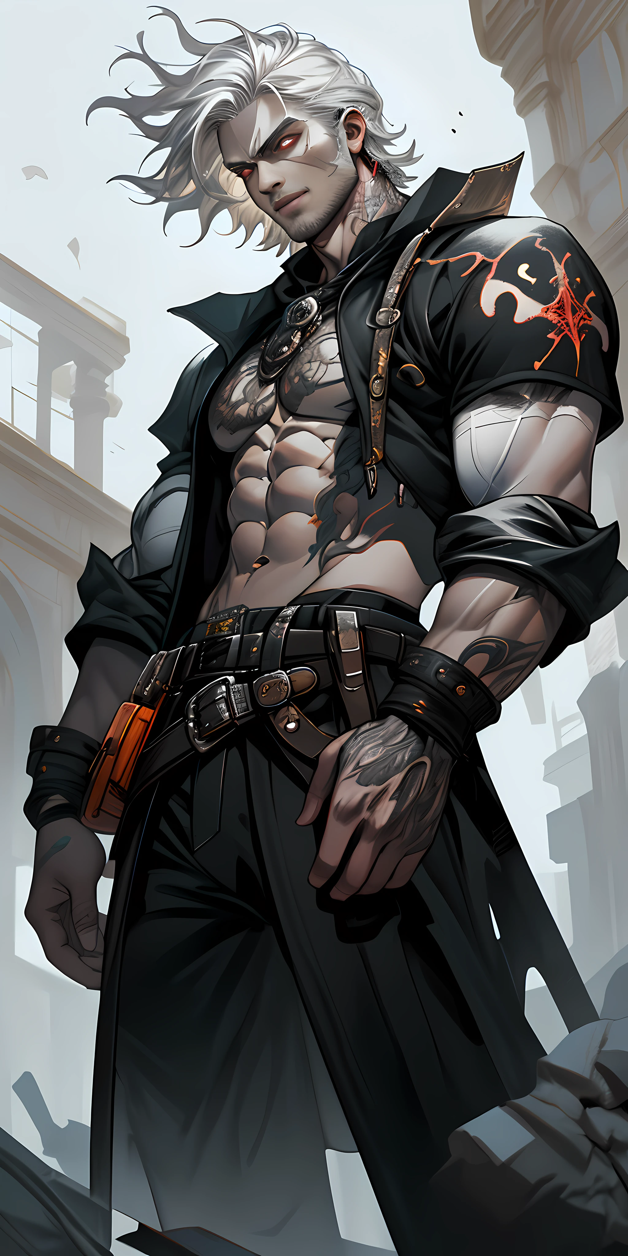 (Libido boy:1.8)Dark boy, Short silver-white hair swaying in the wind, Handsome and handsome clear face, red eyes, Three-dimensional facial features, Detailed and delicate red pupils, The body exudes evil black gas, Abs,black tattoos,The gas is constantly rising, Flow effects, a panoramic view, uhdr, 巨作, A high resolution, Gothic art, Ray tracing, cinmatic lighting, Action painting, projected inset, f/16, Cowboy shot, ccurate, Super detail, High details, High quality, 8K