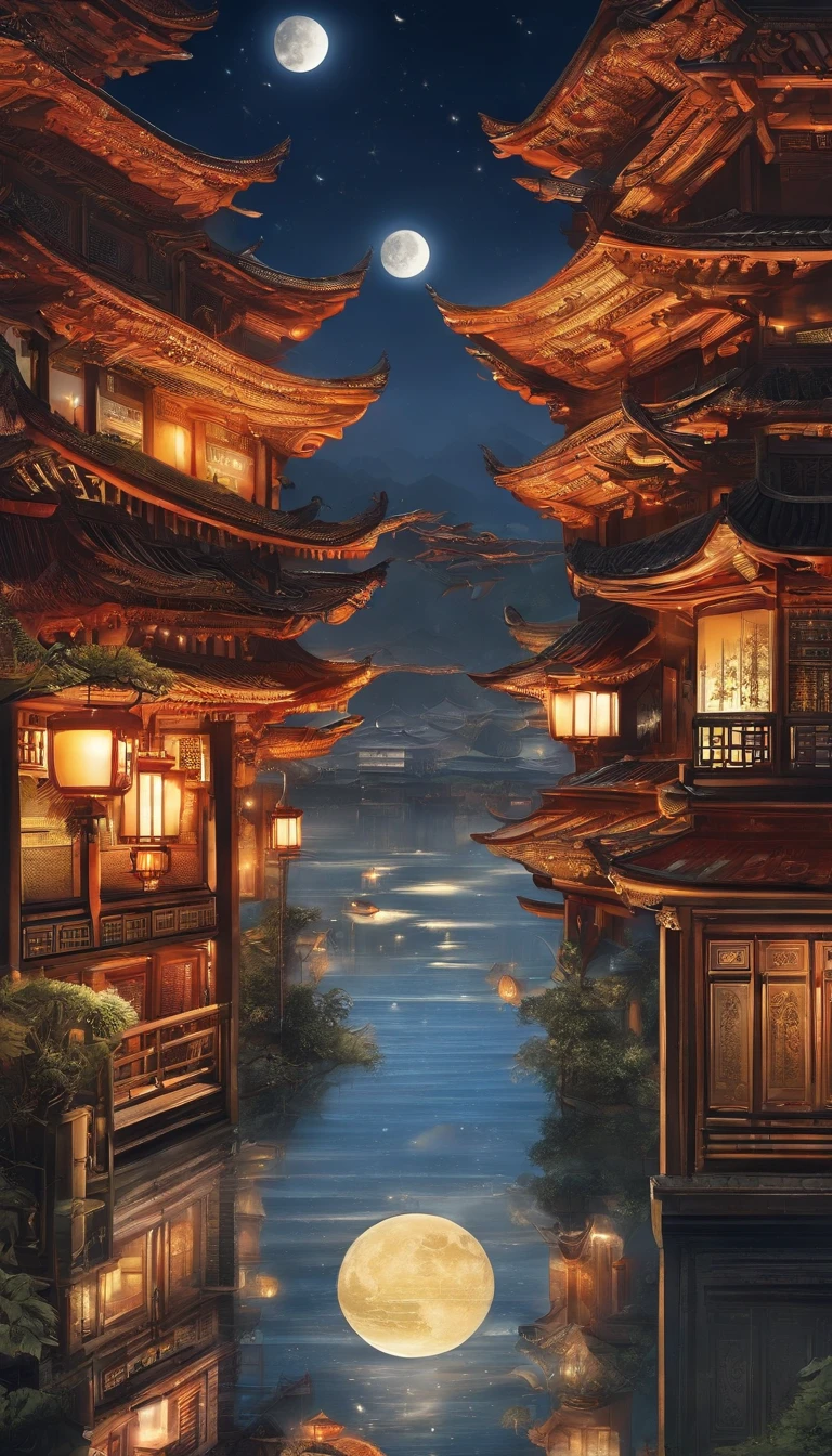 Yueyang Building，Mid-autumn night view，Not a single person，Beautiful views，The moon is reflected on the waves，Heaven and earth are pure，Autumn colors are clear，Everything was beautiful，The starry sky hides its brilliance，Give way to moonshine，Golden wind and water dew reflect dazzling light