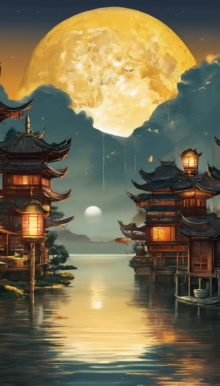 Yueyang Building，Mid-autumn night view，Not a single person，Beautiful views，The moon is reflected on the waves，Heaven and earth are pure，Autumn colors are clear，Everything was beautiful，The starry sky hides its brilliance，Give way to moonshine，Golden wind and water dew reflect dazzling light
