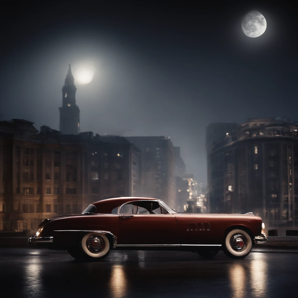Blurred city night view. The light of the car and flickering buildings form the background, as the city's demolition and the moon rising in the distance provide a scenic backdrop. One man stands with his back turned. The stars shining above him emit a soft glow. Visible under his feet are a broken clock and an hourglass. The overall color scheme exudes a vintage and warm ambiance.