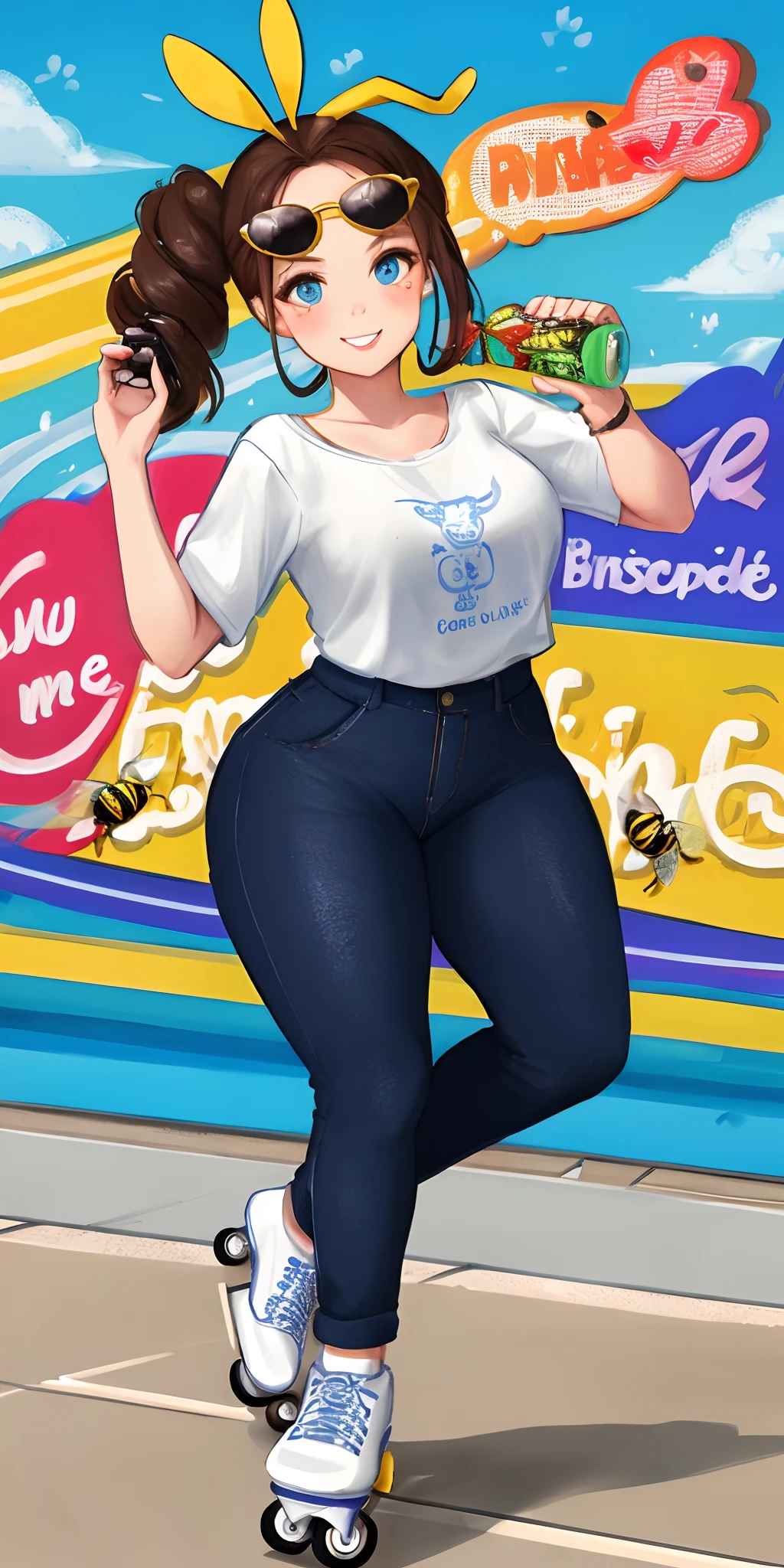 Bee with dark hair and sunglasses. curvy person roller skating cute with bees and a milkshake