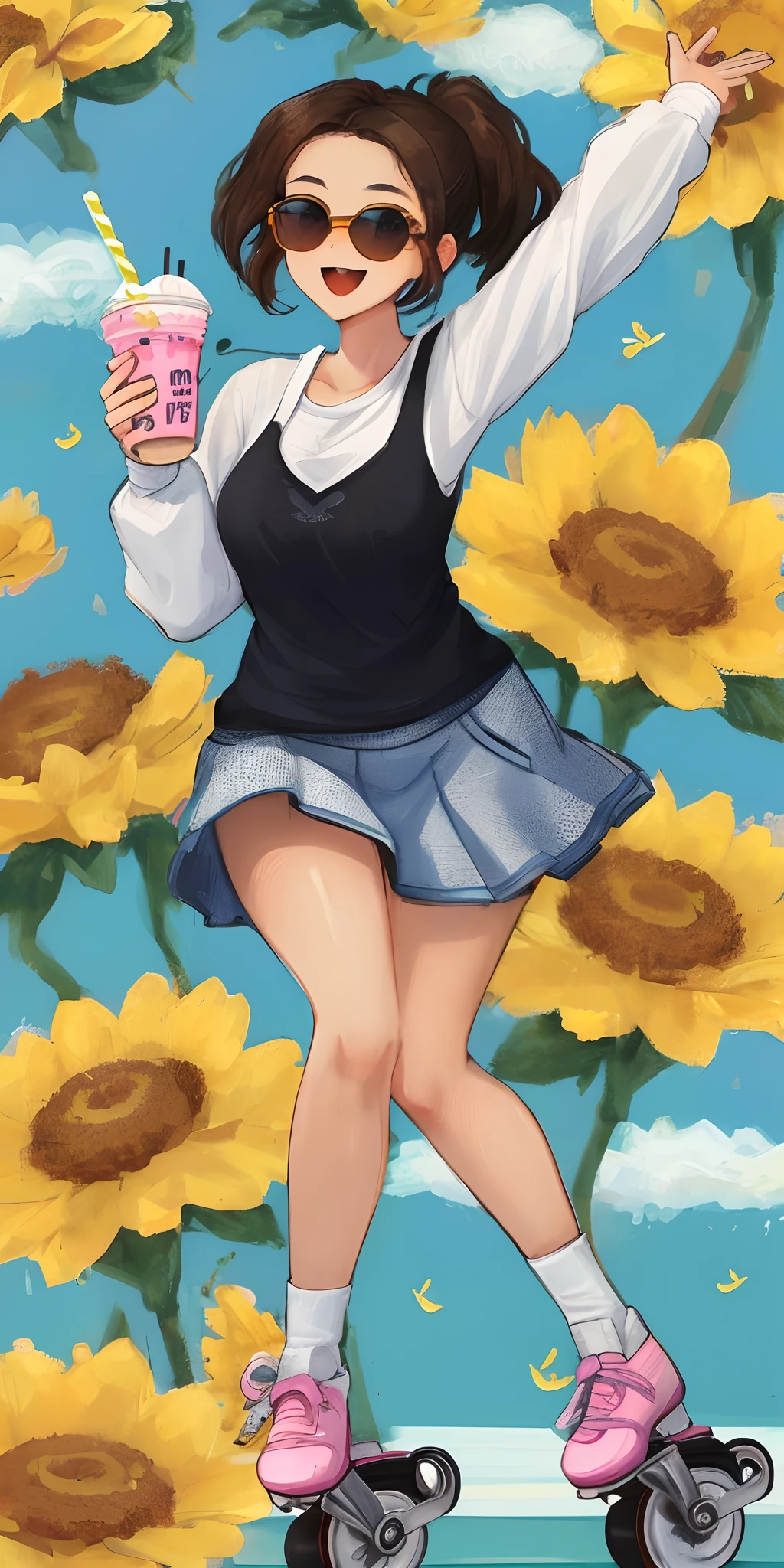 Bee with dark hair and sunglasses. curvy person roller skating cute with bees and a milkshake