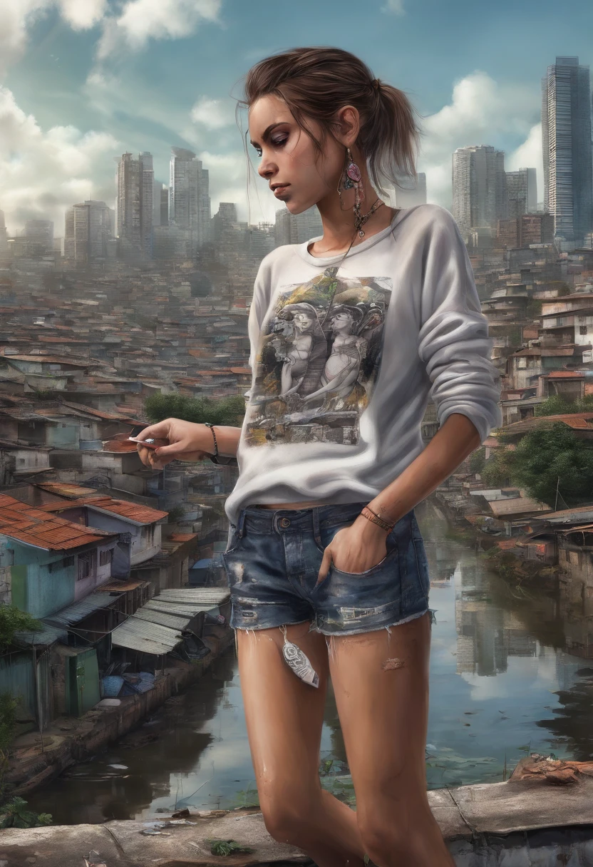 A skinny girl in shorts and sweatshirts smoking cigarettes with a sexy face in the favela looking at the city of São Paulo ,Your reflection in the puddle of water mirrors an angel ,estilo visual ciber punk ,estilo de desenho anime