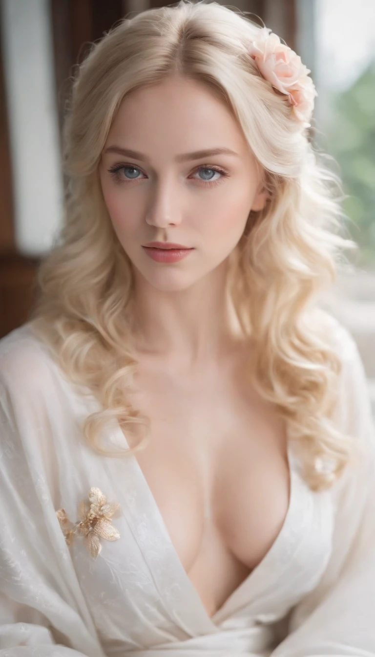 A sexy blonde，curlies，eBlue eyes，White skin，Wearing a yukata，Full-figured，Lie on your side on the bed，rose petals，Romantic atmosphere at night