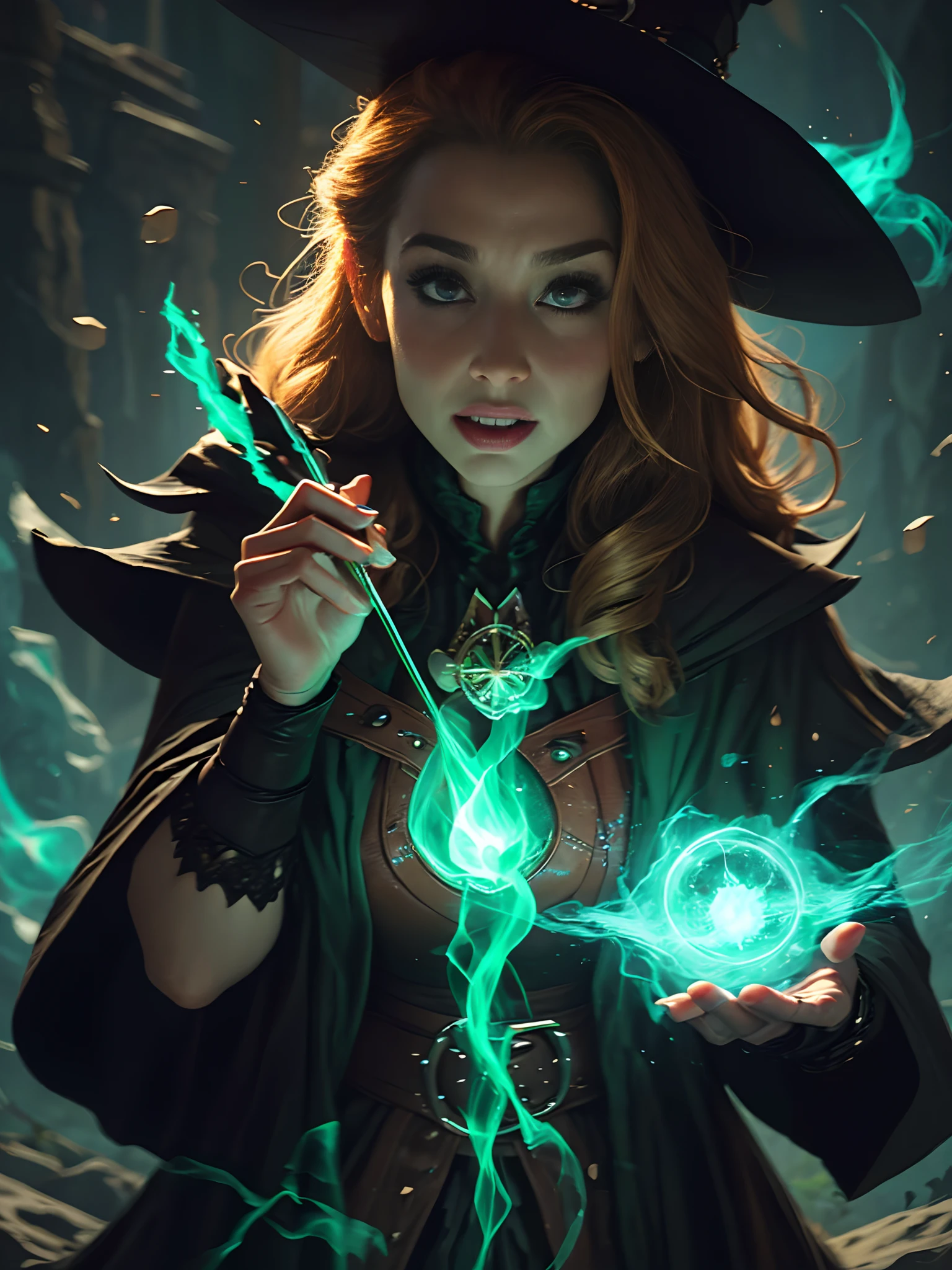 a close up of a person holding a green light in their hand, female mage conjuring a spell, wicked witch of the west, supervillain sorceress witch, sorceress, casting a spell, witch, casting a spell on a potion, a beautiful sorceress, the witch conjure, artgerm and j. dickenson