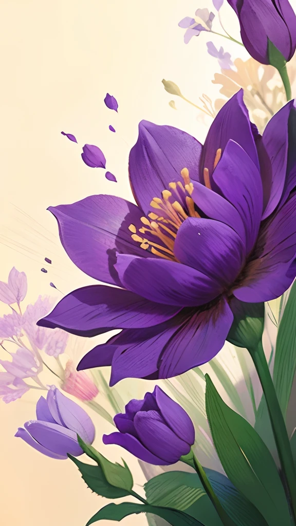 Purple unknown flowers in the flowers，（（（（Colored lead painting）））first person perspective，