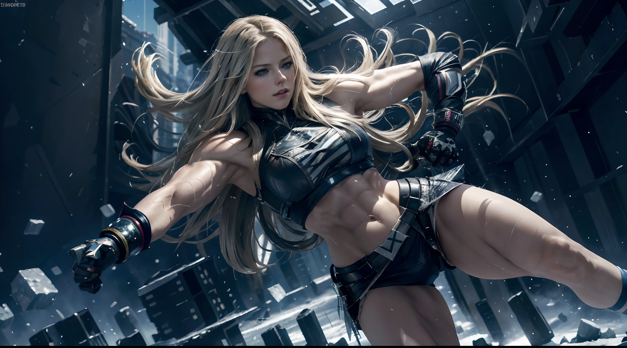 hyperrealistic, 8k definition, masterpiece, very detailed, 24yr old (Avril Lavigne:1) with huge muscles flying thru the sky (like Xmen Rogue) over a modern city in a starry night, city can be seen under Avril, wearing white Japanese style top and checkered miniskirt , ice shards floating around her, hair made of ice, perfect body, showing abs and legs, (hyperrealistic portrait, big depth of field, colors, polycount), concept art, wide shot, highly detailed face, full body in the picture