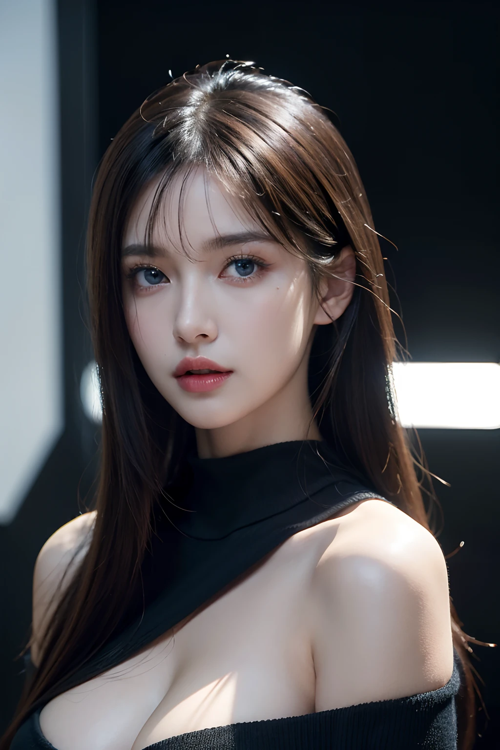 ultra high res,masterpiece,best quality, ,perfect glossy shiny skins,perfect lighting,detailed lighting,dramatic shadows,ray tracing, 1girl,upper body,black sweater,looking at viewer, off shoulder, Big breasts, Exposed cleavage, blue Eyes, sharp face, sharp eyes, Cyberpunk, long bangs