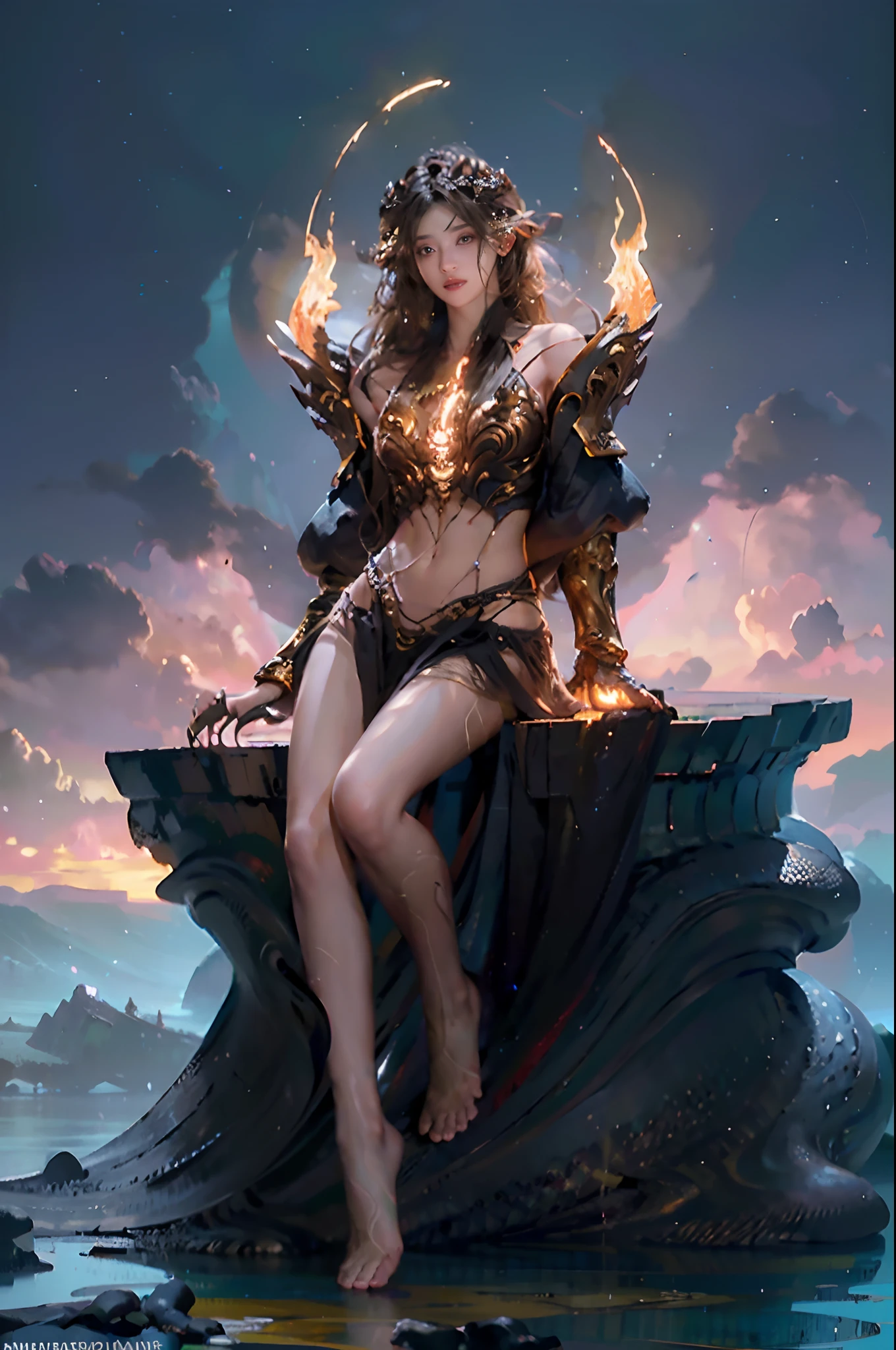 (Masterpiece, High quality, Best quality, offcial art, Beauty and aesthetics:1.2),(theelementoffire:1.4),（1 young woman：1.6）,Composed of fire elements，Highly realistic,posing elegantly,Transparency,Sci-fi lighting effects,dress,Flame,hoang lap，climaxing，，brown  hair，best qualtiy，tmasterpiece，（realisticlying：1.4），RAW photos，vibrant with colors，Flow and movement。salama，hilltop，Great giants，Sexy gesture，Barefoot，without wearing shoes，Deep background，Fantastic and incredible，Epic composition，(Complicated details，Hyper-detailing:1.2)，art  stations，（tmasterpiece，best qualtiy）surrealism, shadowing, anaglyph, stereograms, angle of view,  Cinematic lighting, 8K, Super detail, ccurate, Best quality, A high resolution, Award-Awarded, Anatomically correct，