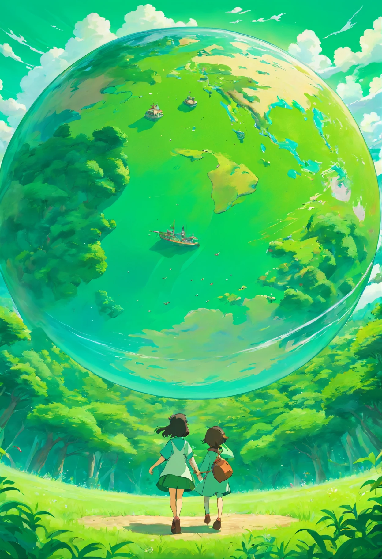 Green background，In the middle is a circular globe