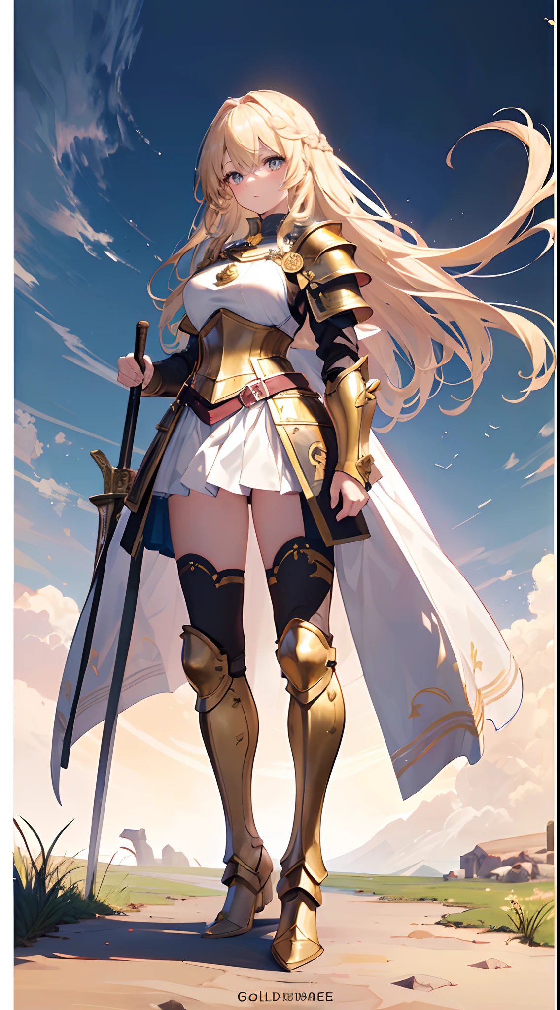 Solo,Absurd resolution、hight resolution、(masterpiece:1.4)、ultra-detailliert、(Detailed finger),(One girl)、Beautiful detailed girl、A detailed face、clear and beautiful, Character as the main point of view, Radiant skin, Girls, femele, 年轻, ((Golden hair))、(bionde)、(a blond),(length hair)、(Hair intake:1.6),(Hair intake),Golden Eyes,kawaii、beautiful countenance、beautidful eyes,((Knights))、Fantasy costume,Original Character,((Wearing armor))、((Heavy armor、breastplates)),(With a sword),((Costumes of medieval Europe)),,(Colossal tits:0.9), (Facing:1.2),(Full body portrait),(Standing:1.3),((white backgrounid:1.4))
