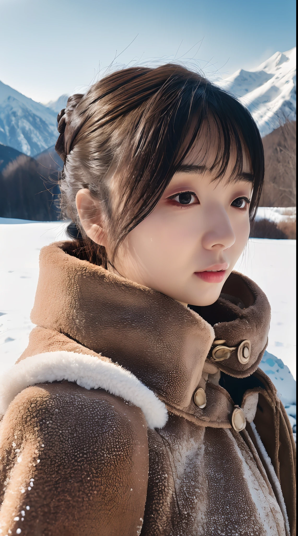 Masterpiece,(Best quality:1.3),超高分辨率,RAW photo,Detailed skin,Style: Realistic pictures, 1girll,Cold nature documentary photography,Snowy mountain environment,Natural light,A clear face,Mild acne,