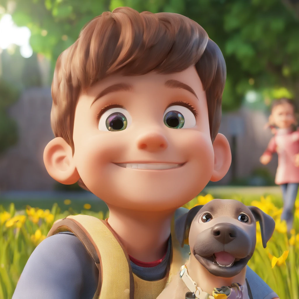 Lucas is a smiling 5-year-old human boy, com seu fiel amigo, Bolt, o cachorro schnauzer, deitados no jardim