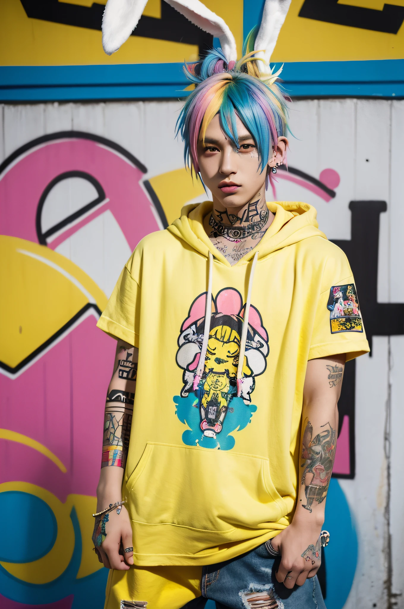 A cool and stylish boy，bunny ears, rainbow colour hair, Yellow eyes, Wear trendy hip-hop outfits, Wearing a hoodie, Graphic T-shirt and ripped jeans, Lots of tattoos and piercings, graffiti style background, highly detailed back ground, Perfect masterpiece, High quality, high resolution