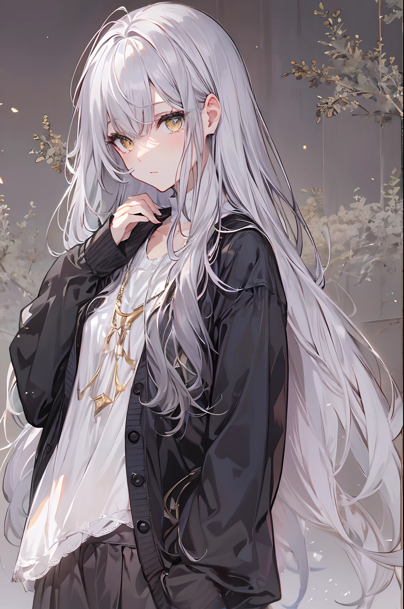 silber hair、Semi-long hair,{{{{{{{{ Black Parker Oversize }}}}}}}},beautiful and delicate golden eyes,Thinking,Black clothes,