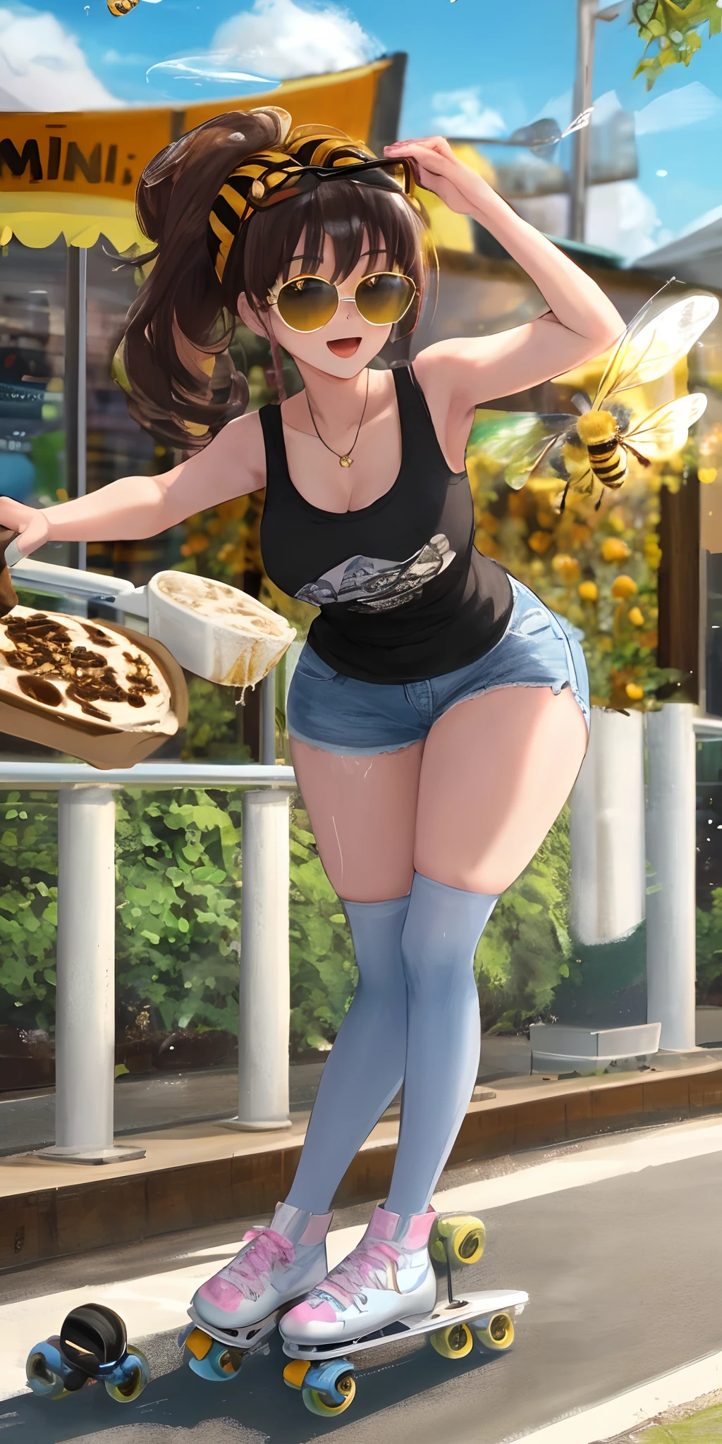Bee with dark hair and sunglasses. curvy person roller skating cute with bees and a milkshake