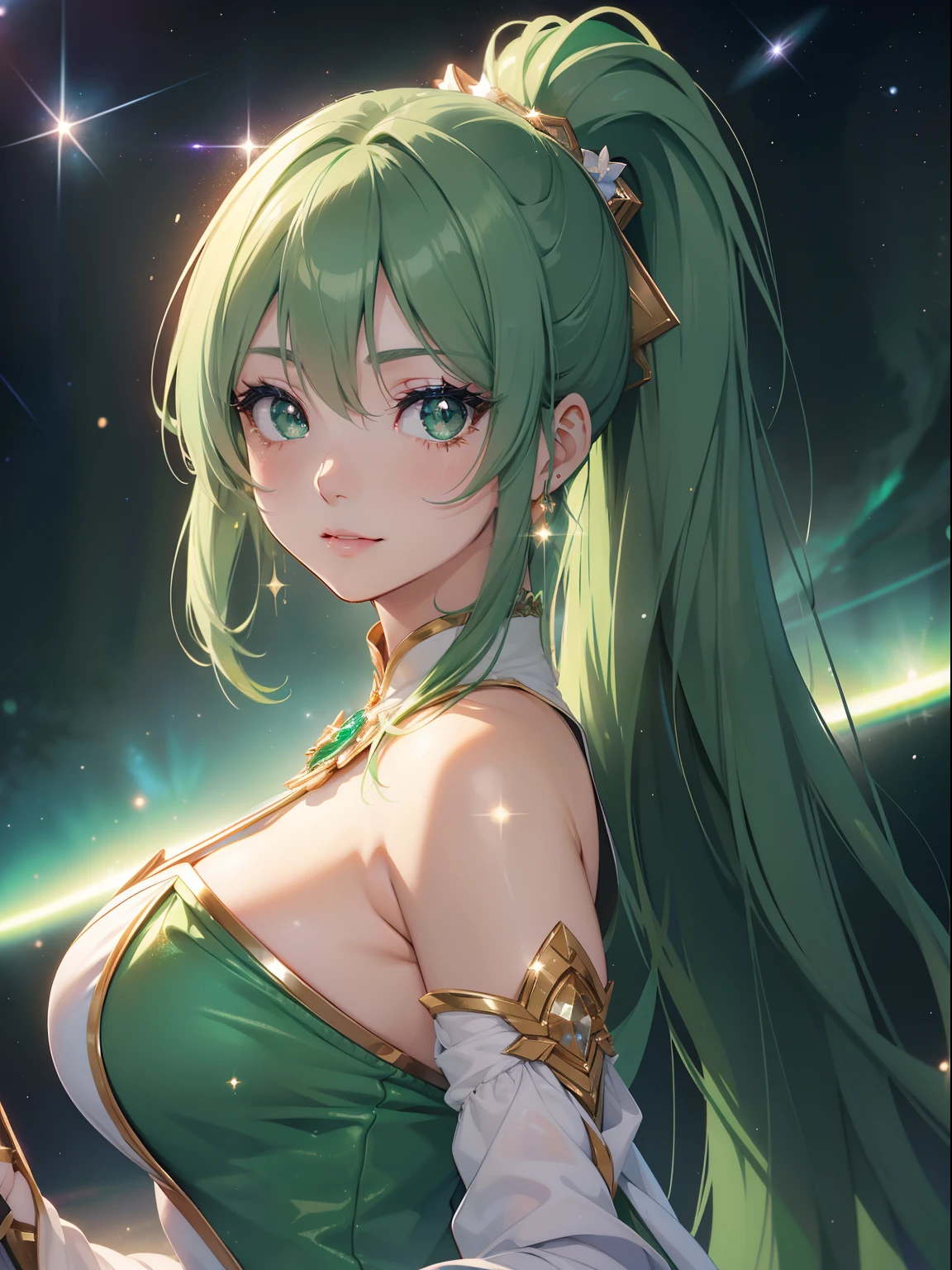 masutepiece, High resolution, 8K, anime woman, Delicate and detailed writing 、Detailed digital illustration、absurdly long hair、(((Ponytail)))、Shiny hair、a very beautiful woman、Eyes are double, Large,Little hanging eyes、 Bust E Cup、High image quality, High quality、Detailed background、((Detailed and beautiful sunset sky background))、The inside of the eye shines like a diamond、(((Dark green hair)))、Gradient pupil、(((2 arms、4 fingers, 1 thumb)))、Detailed female face、a very beautiful woman、、细致背景、masterpiece、Soft Focus , Bright gradient watercolor , Lens Flare , (((Glitter))) , Glow , Dreamy ,a miniskirt、Idol、Light Green Ribbon、Very beautiful light green rose hair accessories、Light green and gold costume with white as the main color、((Macroface))、(Cool Girl).Tall lady、Dignified.((No bangs))、A smile、