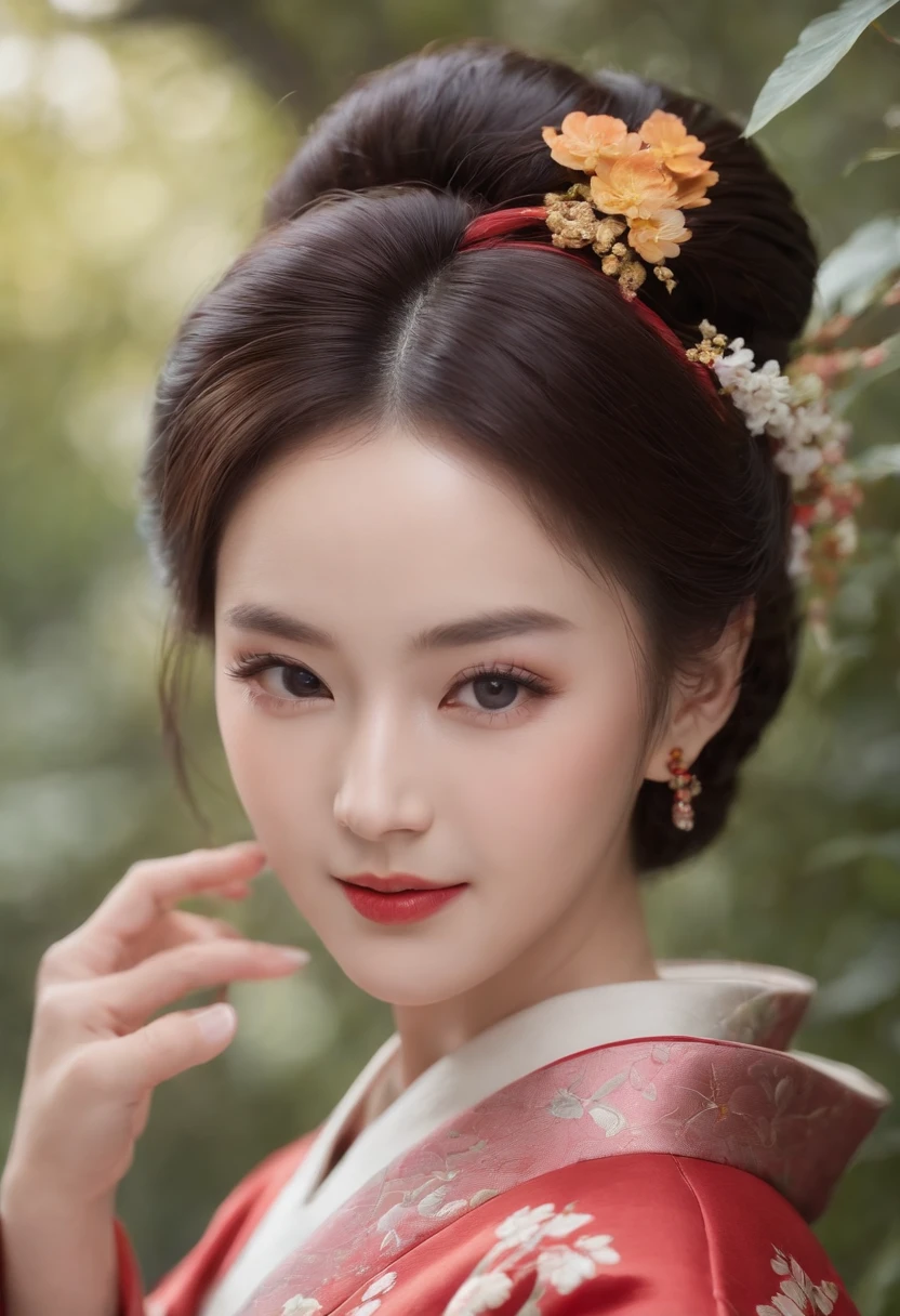 8k super-resolution、Beautuful Women、One lady、dark brown hair:1.1、hyperdetailed face、Detailed lips、significant、（Eyes are in focus）、二重まぶた、Eyes of the Princess、 beautfull Japanease woman、Beautiful Japan Lady、 sensual lip、Bewitching body、Bust Size 82、8 class large、Stand forward in a balanced manner、80 generations、（80years old）、Perspective、Lovely smile, Detailed Japan kimono in black-red-yellow-purple、Ultra-realistic and detailed floral pattern and shiny knots、Sharp Images、Detailed eye shine、Detailed background of Arashiyama Park in Kyoto、Natural hand shape、The chest is visible