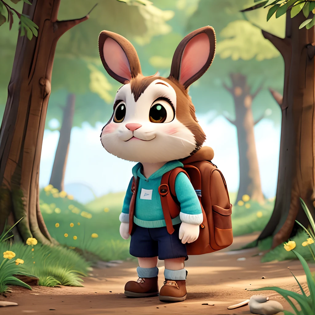 Adventurous bunny, cuddly and very cheerful, adventurous clothes and backpack, coast on the forest walk