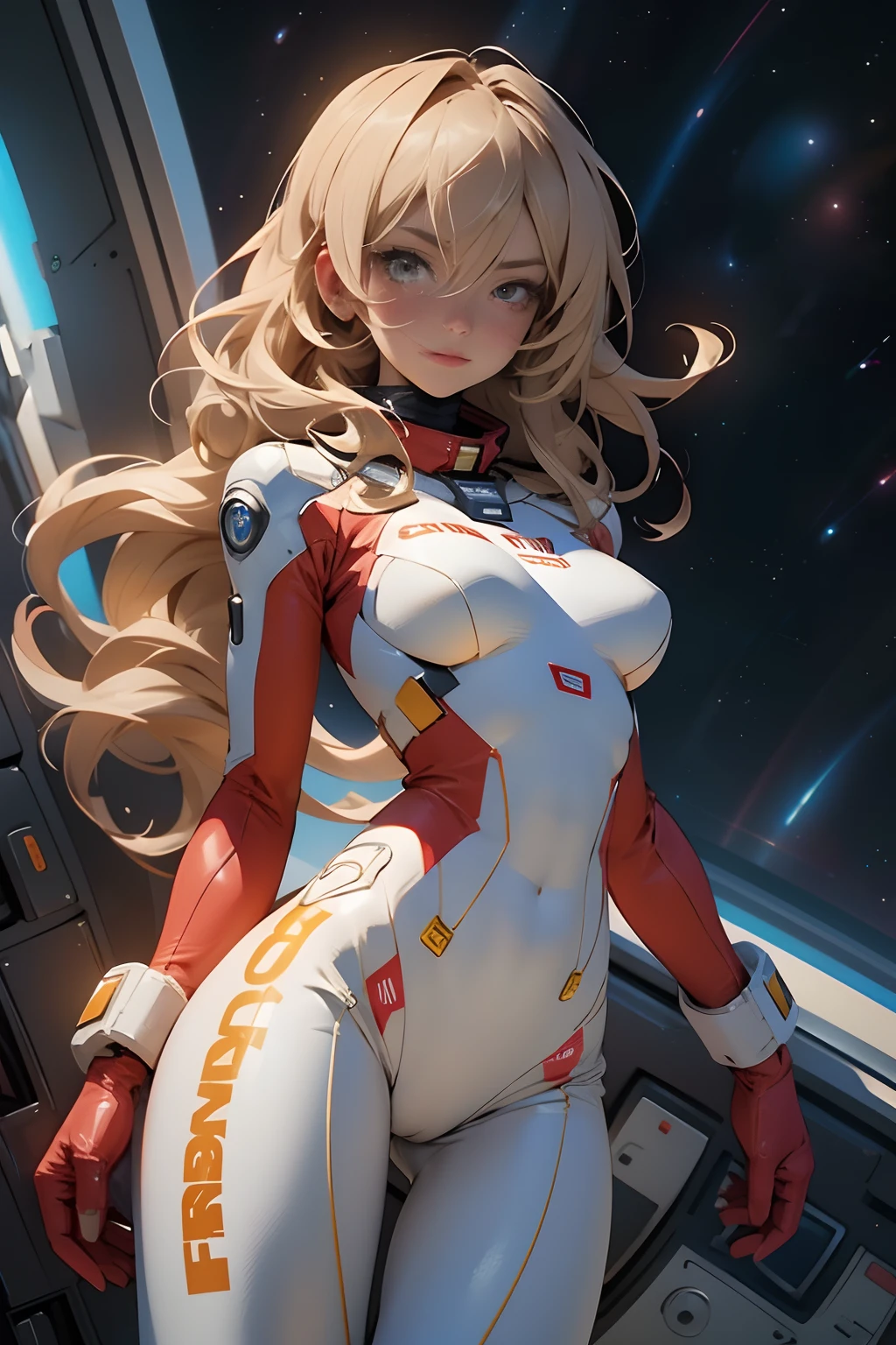 sandy hair fit body large breasts slender thighs slender waist pilot suit solo looking at viewer in space long hair blushing determination, 8k, extreme detail,