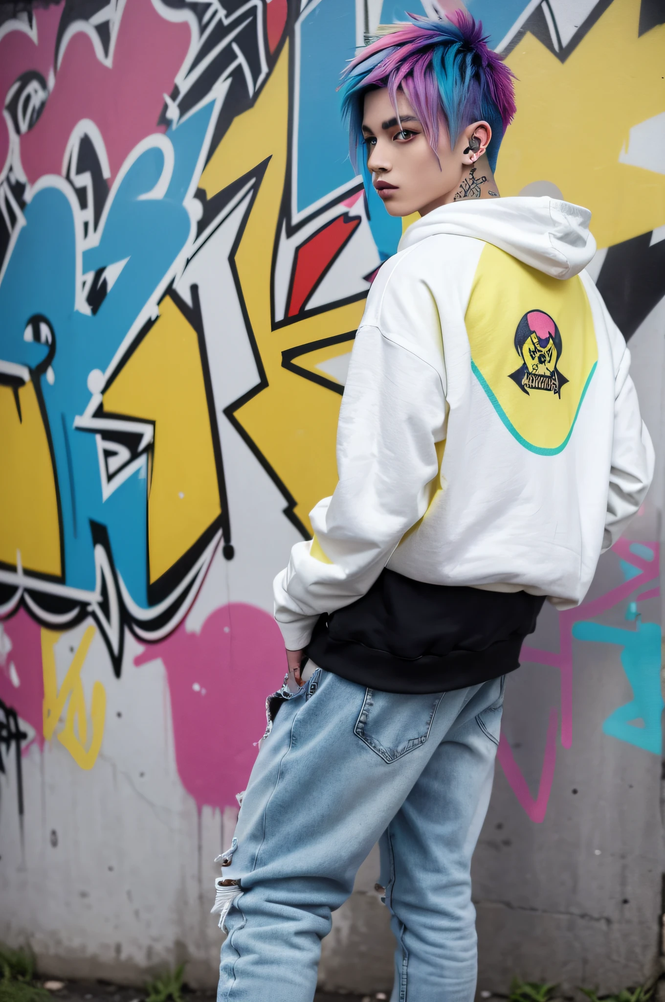A cool and stylish boy，Bunny ears, rainbow colour hair, Yellow eyes, Wear trendy hip-hop outfits, Wearing a hoodie, Graphic T-shirt and ripped jeans, Lots of tattoos and piercings, graffiti style background, highly detailed back ground, Perfect masterpiece, High quality, high resolution