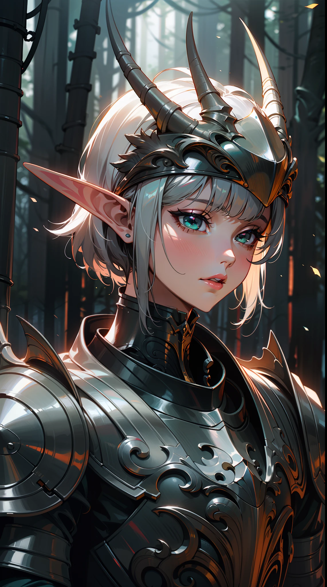 1girl, beautiful elf, a woman medieval knight, wearing a black and teal dress armor, full silver helmet, masterpiece, perfect lips, Bangs, silver hair, Perfect face and eye, perfect anatomy, short hair, asymmetrical hair, forest background,dramatic, cinematic lighting, fine expression, fine detail, a digital painting by Yusuke Murata