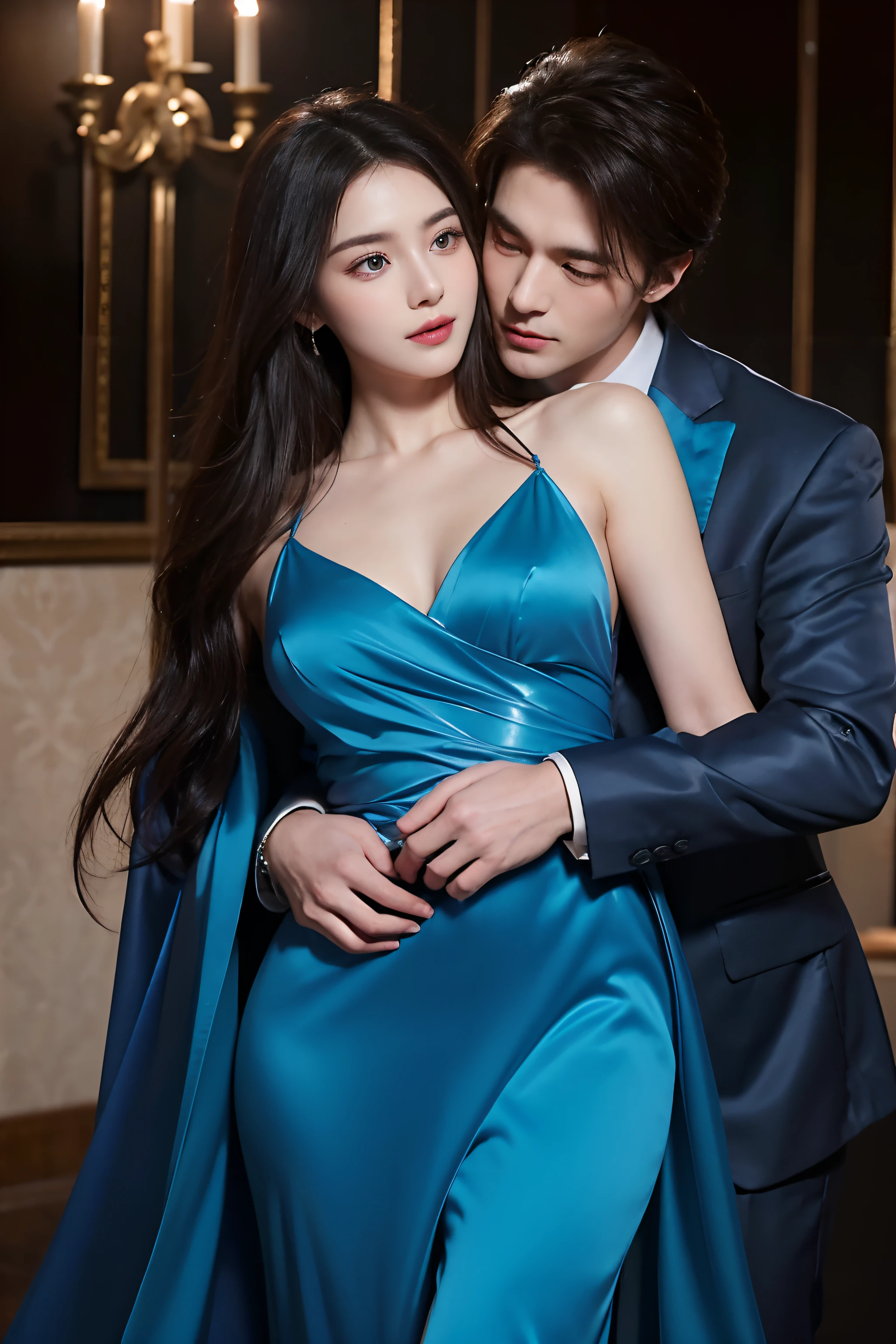 a realistic photo, eye wade open, couple in love. a handsome man wore suit, athletic muscular body, embrace and hug a beautiful woman wore blue flowing silk dress. romantic vibes and dynamic photography. look to each other .dark hair. clean and shiny face