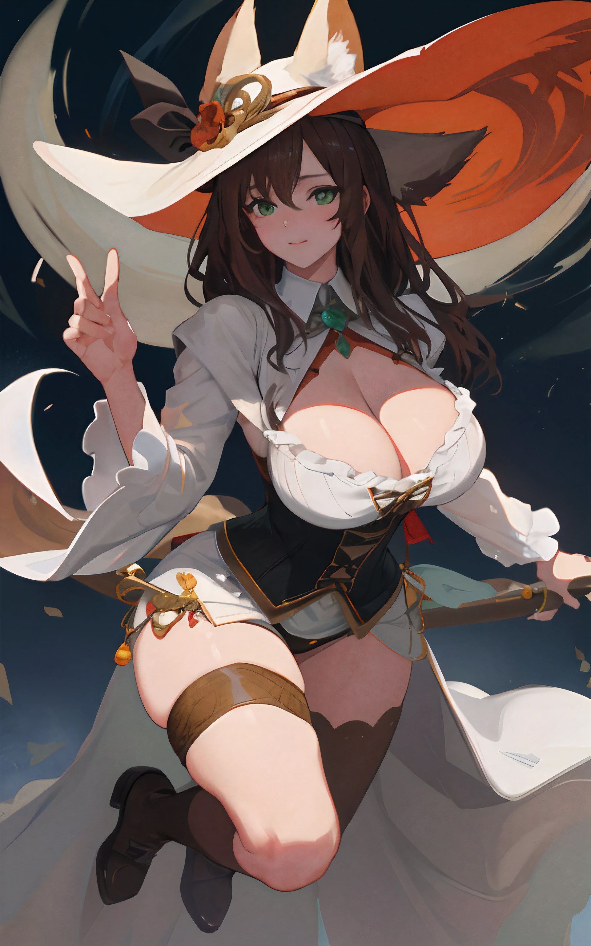 (Masterpiece: 1.5), (Best Quality: 1.5), Perfect Eyes, Perfect Face, Volumetric Lighting, 1 Woman, Mature Woman, (Whiteness: 5), Fox ears, Fox tail, green eyes, dark brown hair, massive breasts, massive cleavage, thick thighs, wide hips, sexy, full body, witch, witch hat, Halloween, teacher, riding corp, corset,