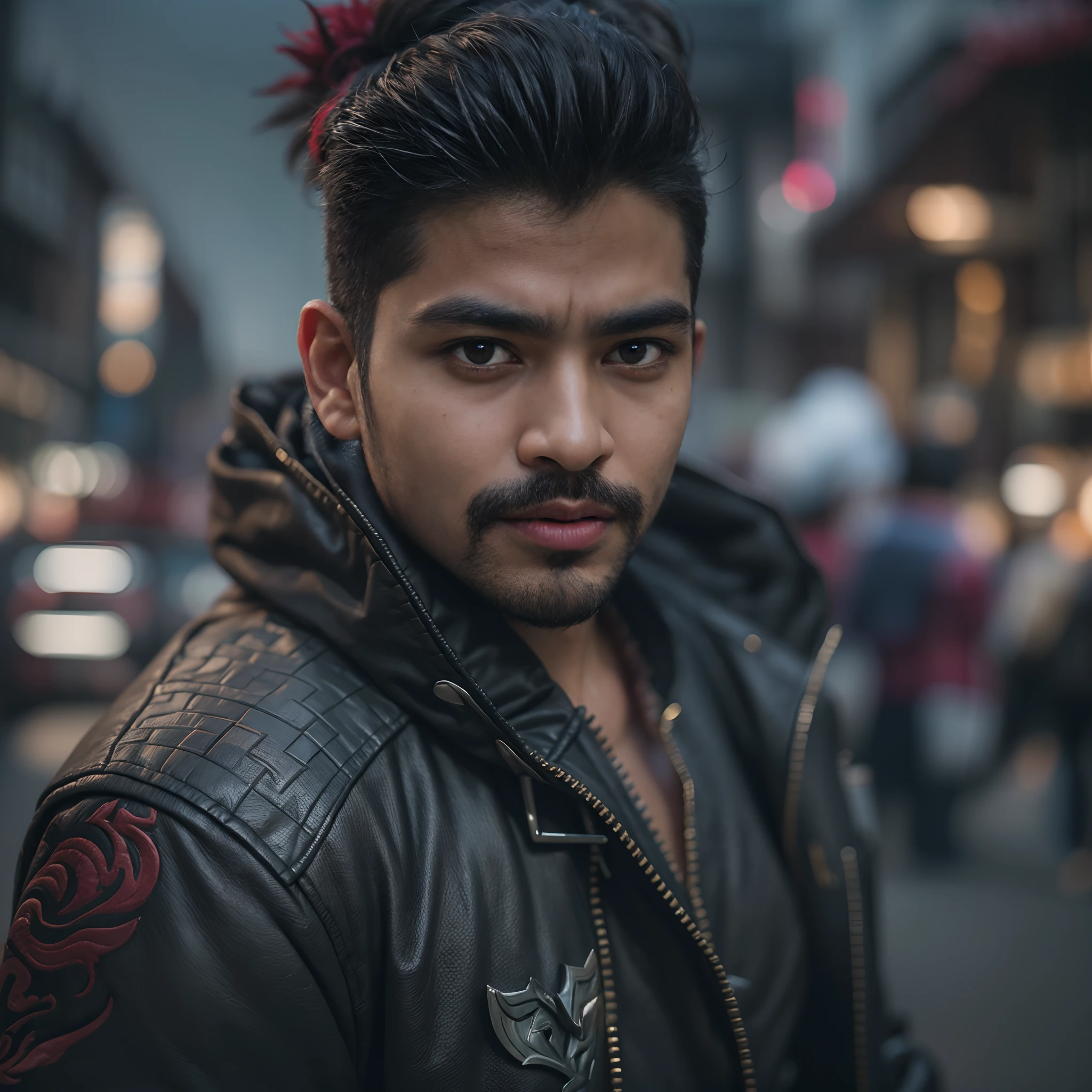 indian man, (chubby face), looking at viewer, (((yasuo league of legends))), (intricate details), hdr, (hyperdetailed:1.2), cinematic shot, hyperrealism, portrait, torso, hyperdetailed real human hair, worn lblack eather jacket, photograph, Fujifilm XT3,city streets background, bokeh, in the style of vintage photography, ultrawide lens