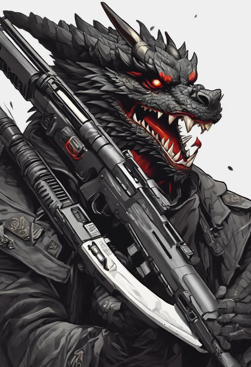 Carrying a HK416 rifle, The face of Qiu Tianwang, dragon face, Tengu Mask, Bold outline style in black, Jagged edges, Front Painting, Sticker illustration on white background, recycle bin, Light Shading --V 5.2