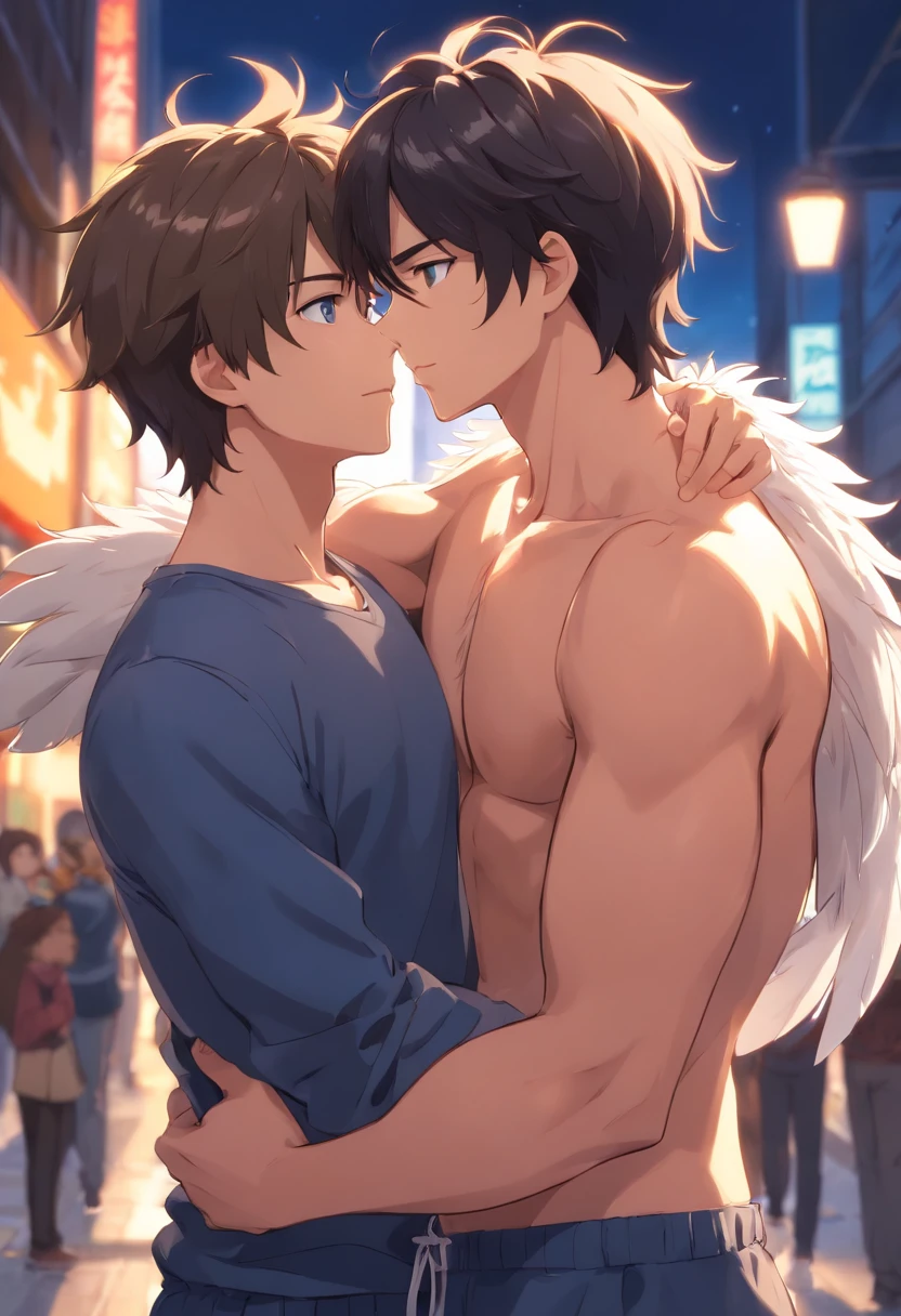 A pair of handsome young men hugged each other, looking at each other affectionately.. Look at each other with love.,High resolution 4K, bestquality, masterpiece, Perfect color, Perfect shading, perfect lighting, furry, anthro, furry art, Male wolf, Gray wolf, (Two-color feathers), The body is shaggy, Blue Eyes, (Glamorous look:1.2), fit body, Perfect male body shape, Wear men's shorts.,Abs,musculature,Fine wool, detailed face, perfect face, (Stand up), detailed background, ((Bonifasko lighting)), Wolftail, (detailed eyes), Perfect Student