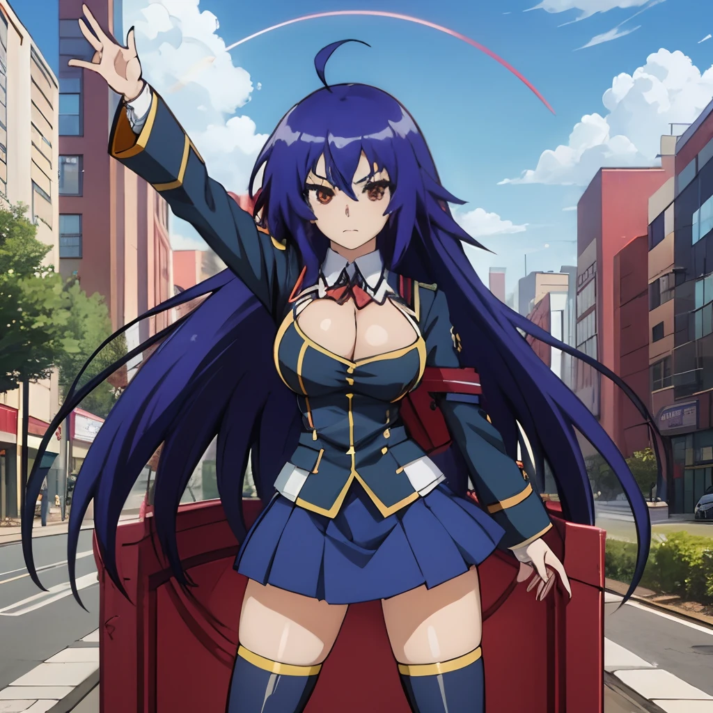 kurokami medaka, red eyes, blue hair, long hair, ahoge, large breasts school uniform, cleavage cutout, clothing cutout, sky-blue pleated skirt, thighhighs, palm outstretched, blue loafers