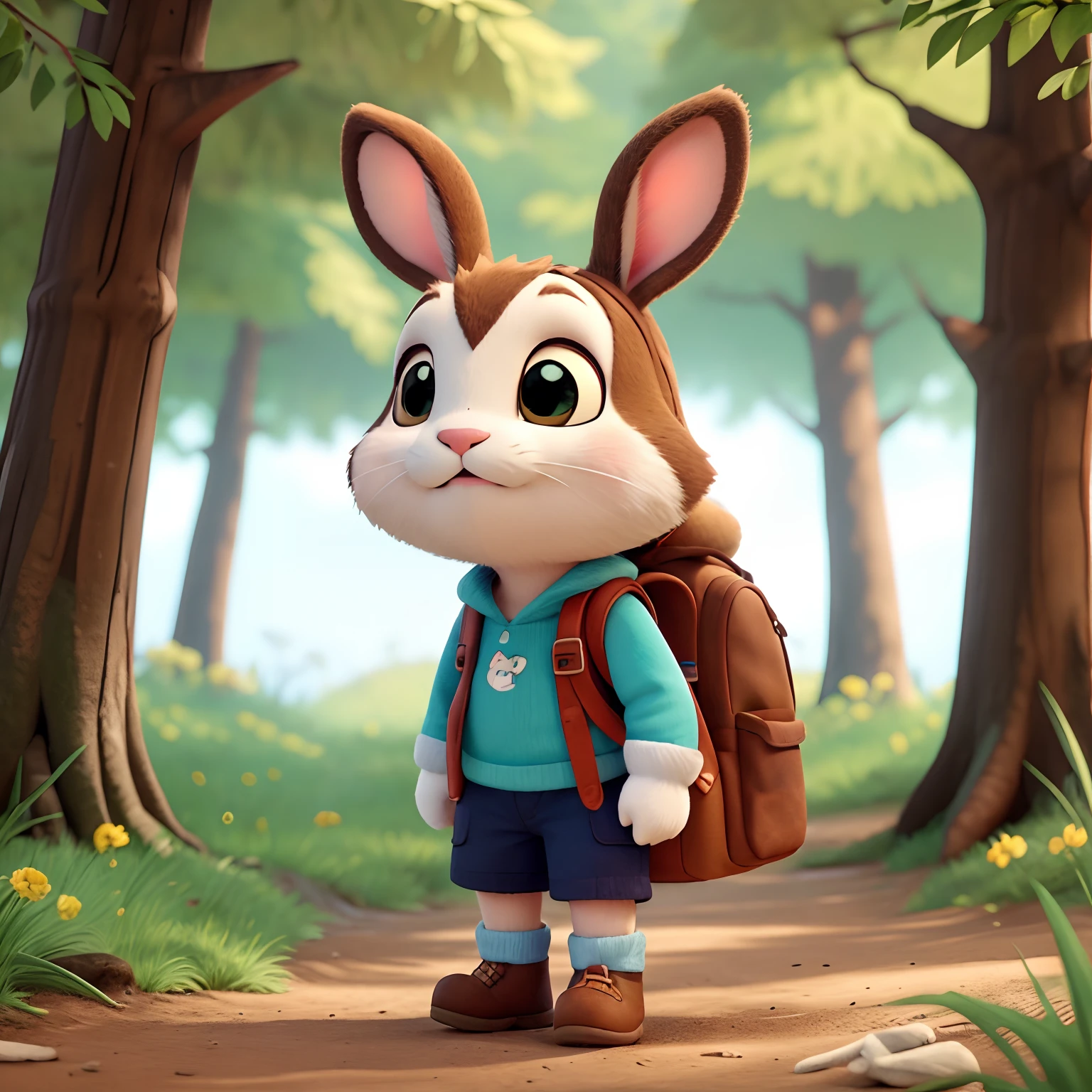 Adventurous bunny, cuddly and very cheerful, adventurous clothes and backpack, coast on the forest walk