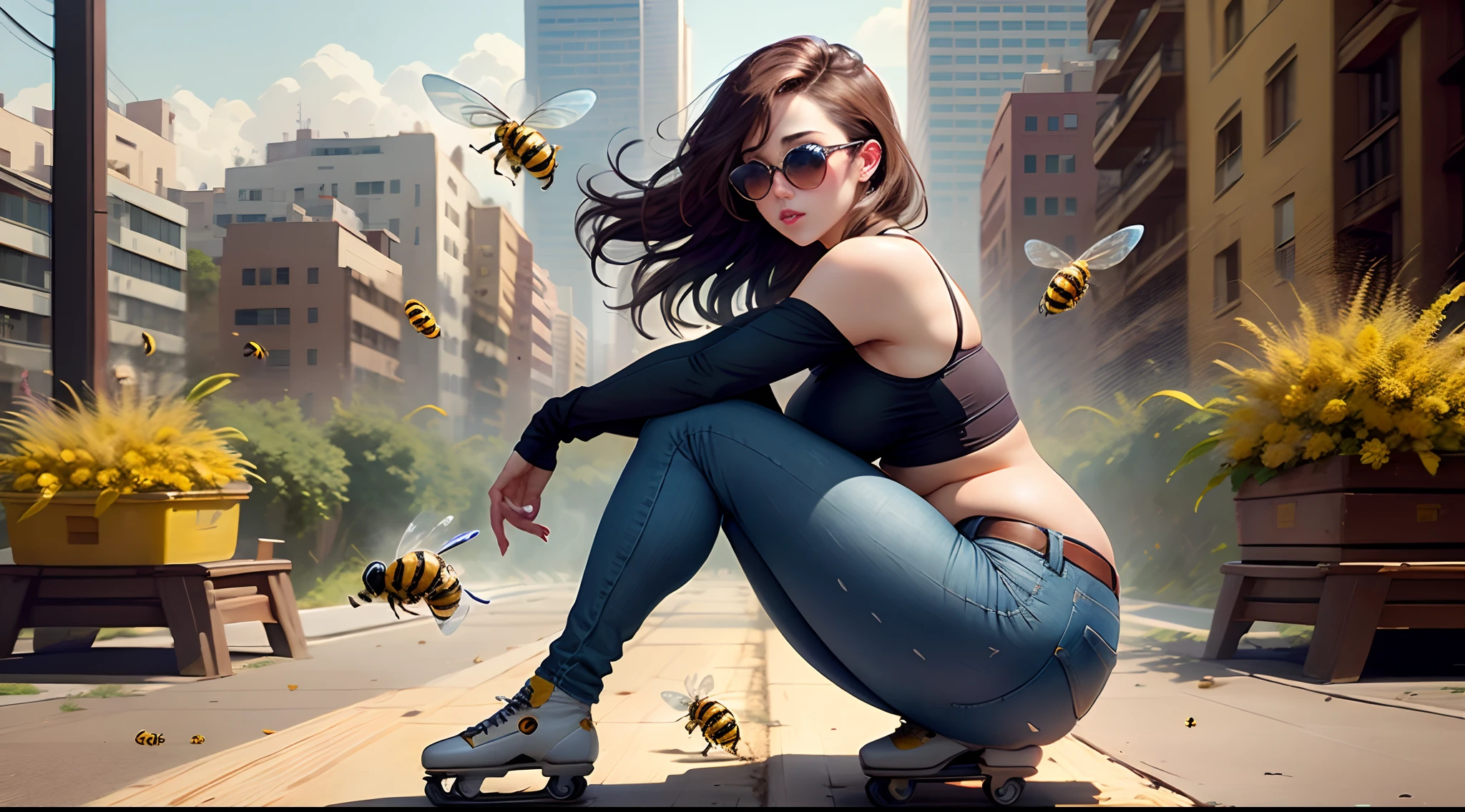 Cute and curvy  bumble bee with a dark hair wearing black top and jeans and sunglasses. Curvy roller skating with bees around and milkshake