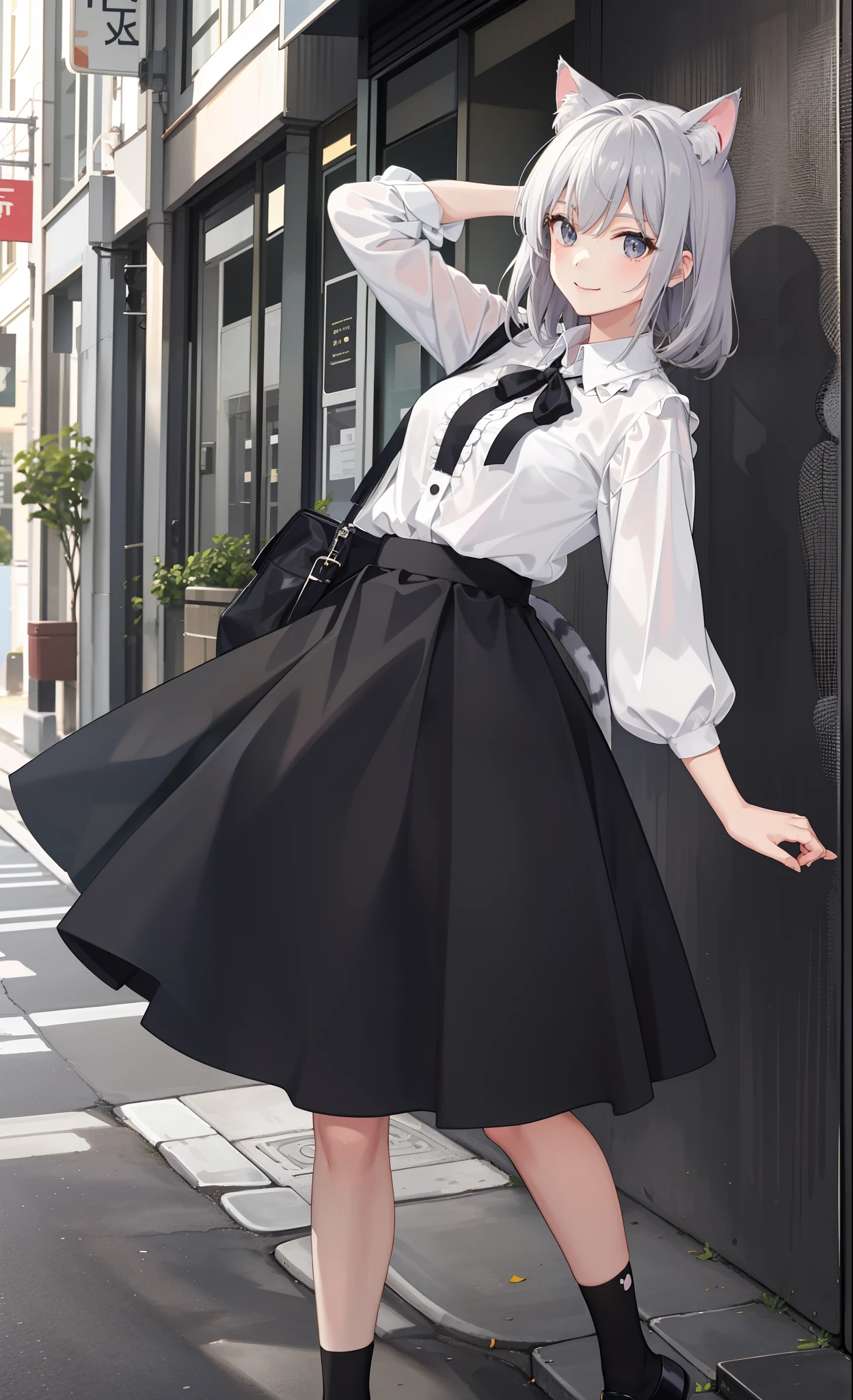 1girl in、A smile、The shirt、Blouse、skirt by the、(small tits)Chilarism、movement、(Gray hair)、Cat's ears、