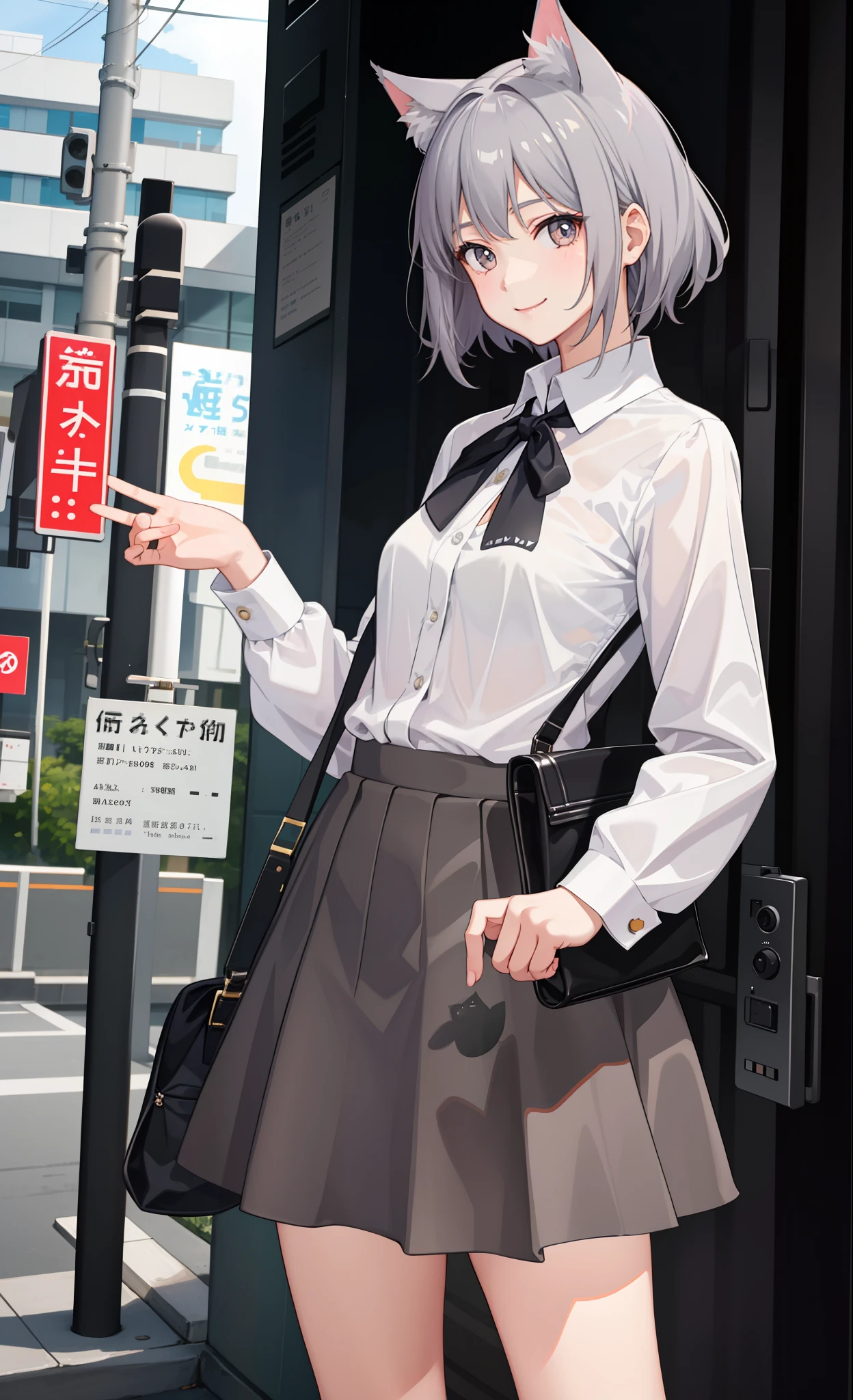 1girl in、A smile、The shirt、Blouse、skirt by the、(small tits)Chilarism、movement、(Gray hair)、Cat's ears、
