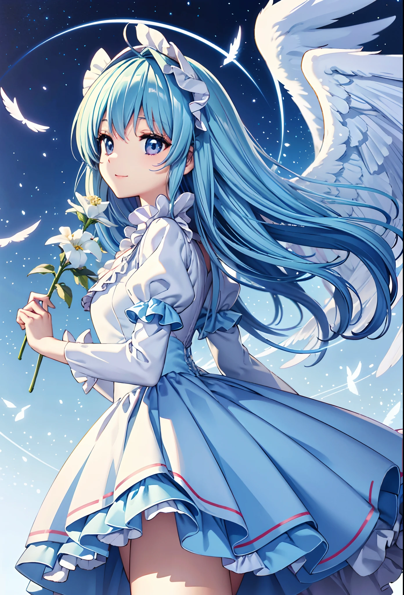 Angel wings shining in seven colors、Kawaii Girl、adorable smiling、Light blue long hair、Twin-tailed、Colorful angel costume in lolita style with ruffles、A blizzard of fluttering flowers(Some photos)、((top-quality))、((masterpiece))、(ighly detailed、highestdetailed、Official art、Beautifully Aesthetic:1.2)