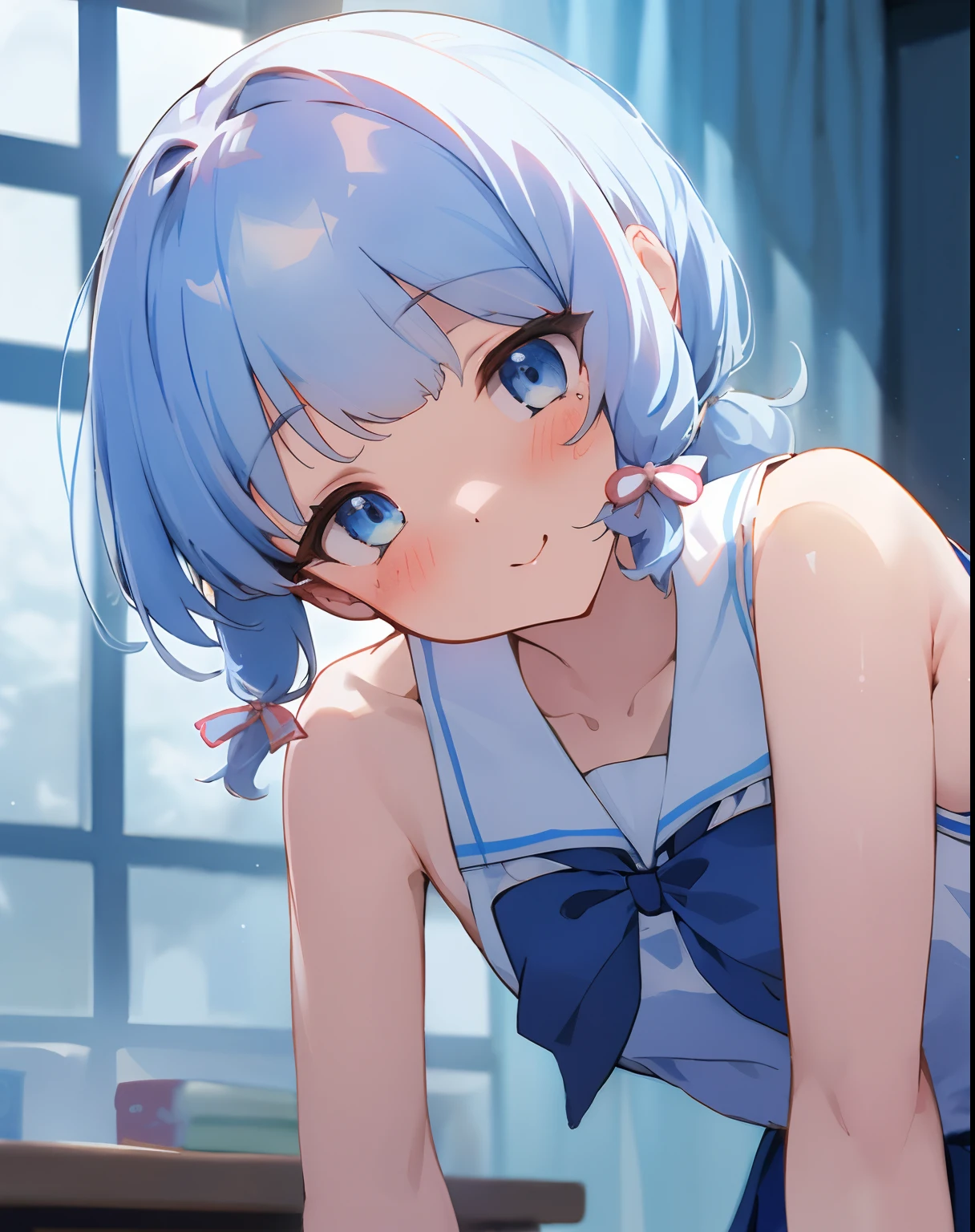 （（tmasterpiece，best qualityer）），1girll，独奏， hyper detail eyes，The upper part of the body，light blue school uniform，exposed bare shoulders，Playful and cute