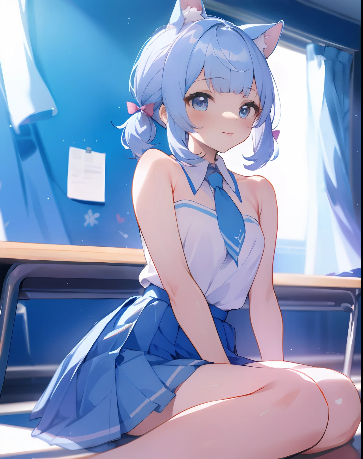 ((tmasterpiece,best qualityer)),1girll,独奏, hyper detail eyes,The upper part of the body,Light blue school uniform,exposed bare shoulders,Playful and cute