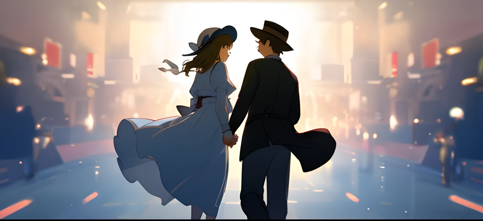 to jump、Man and woman holding hands、Put on a hat、Rear view