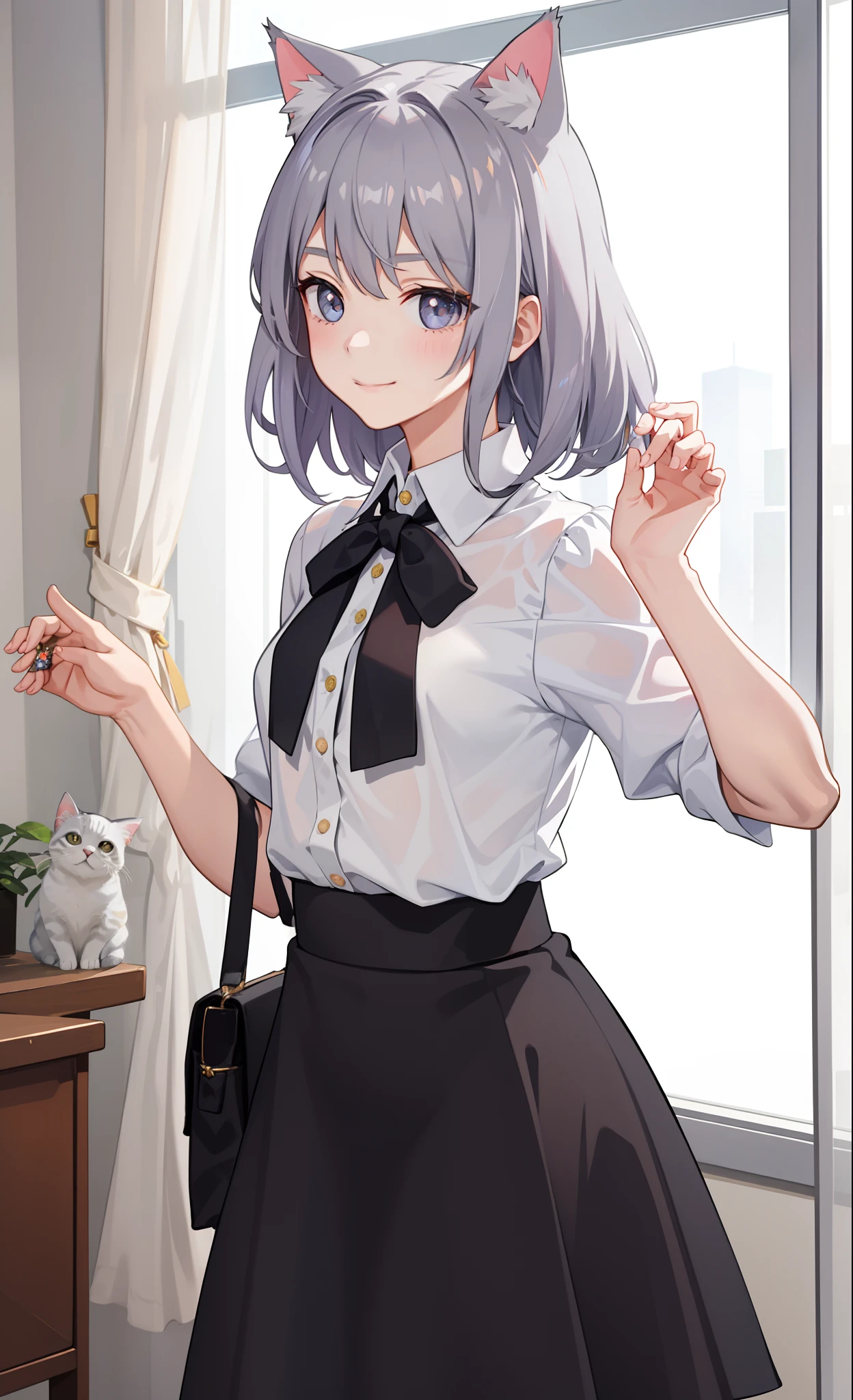 1girl in、A smile、The shirt、Blouse、skirt by the、(small tits)Chilarism、movement、(Gray hair)、Cat's ears、