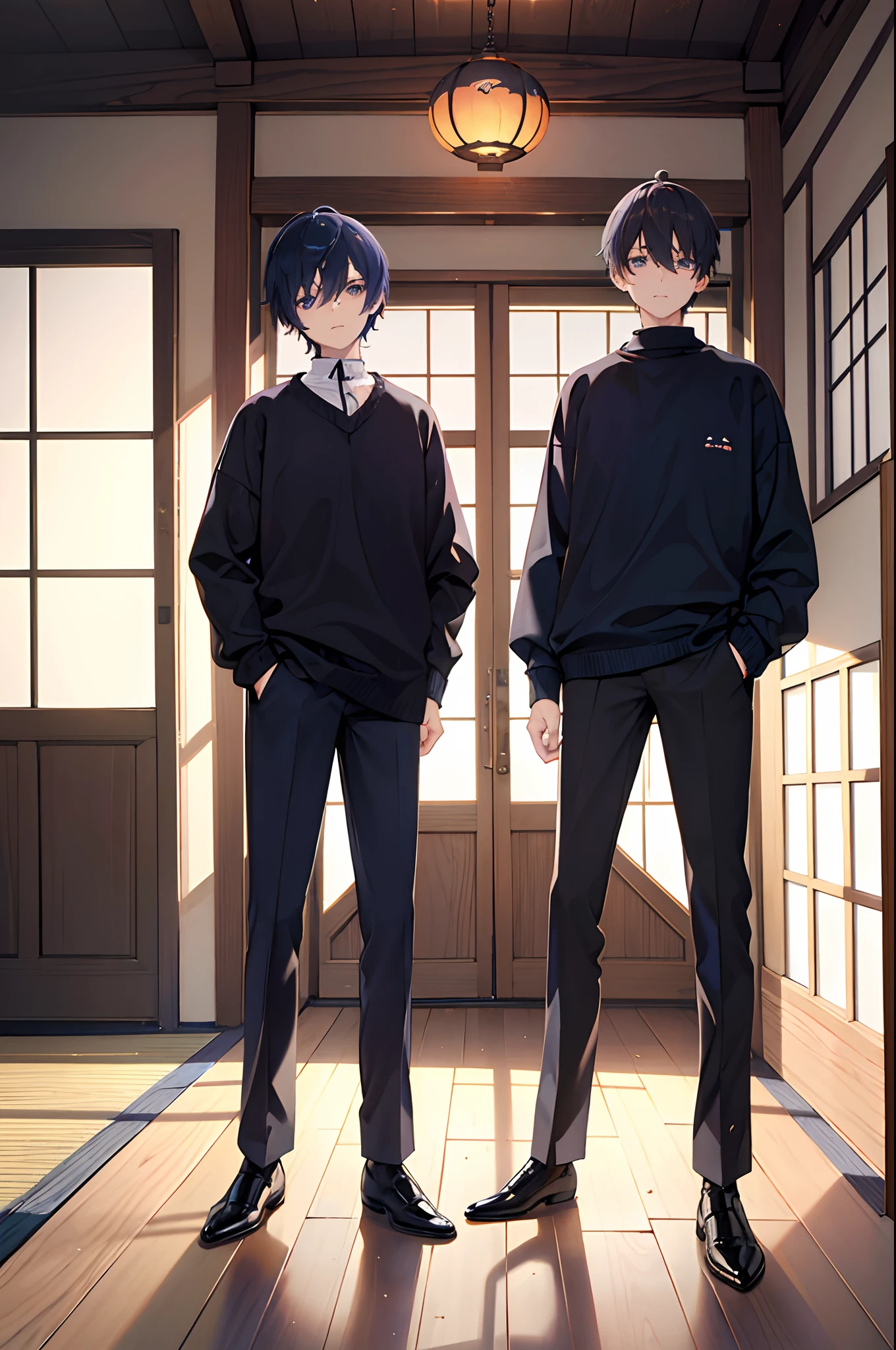 male people 　Dark blue short hair　blue eyess　Sweaters　Brown Slacks　long boots　Japanese houses　in the room、Eat oden　Halloween　the bats　​masterpiece　Top image quality　Clear Parts Cinematic Shadows　Increased attractiveness of the eyes　Clear the shine of the eyes　Draw eyelashes neatly　Perfect Eye　A detailed eye　Sharpen image quality　Sharpen eye writing　Clear eye shape