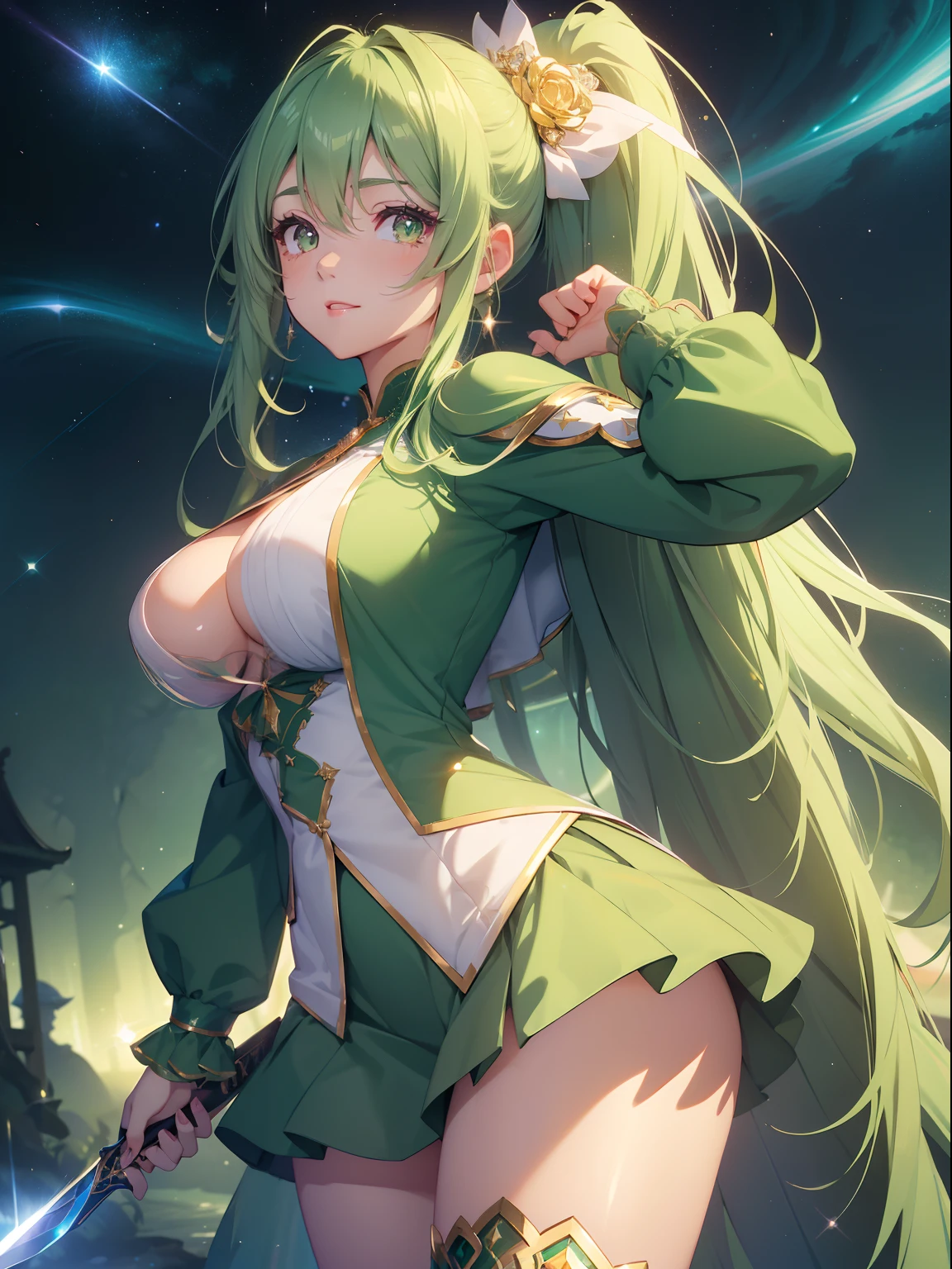 masutepiece, High resolution, 8K, anime woman, Delicate and detailed writing 、Detailed digital illustration、absurdly long hair、(((Ponytail)))、Shiny hair、a very beautiful woman、Eyes are double, Large,Little hanging eyes、 Bust E Cup、High image quality, High quality、Detailed background、、The inside of the eye shines like a diamond、(((Dark green hair)))、Gradient pupil、(((2 arms、4 fingers, 1 thumb)))、Detailed female face、a very beautiful woman、、细致背景、masterpiece、Soft Focus , Bright gradient watercolor , Lens Flare , (((Glitter))) , Glow , Dreamy ,a miniskirt、Idol、Light Green Ribbon、Very beautiful light green rose hair accessories、Light green and gold costume with white as the main color、((Macroface))、(Cool Girl).Tall lady、Dignified.((No bangs))、Eyes with blue gradient glow、Full smile、(((Night Wizard))),(((cosmic background)))、((holds a sword))