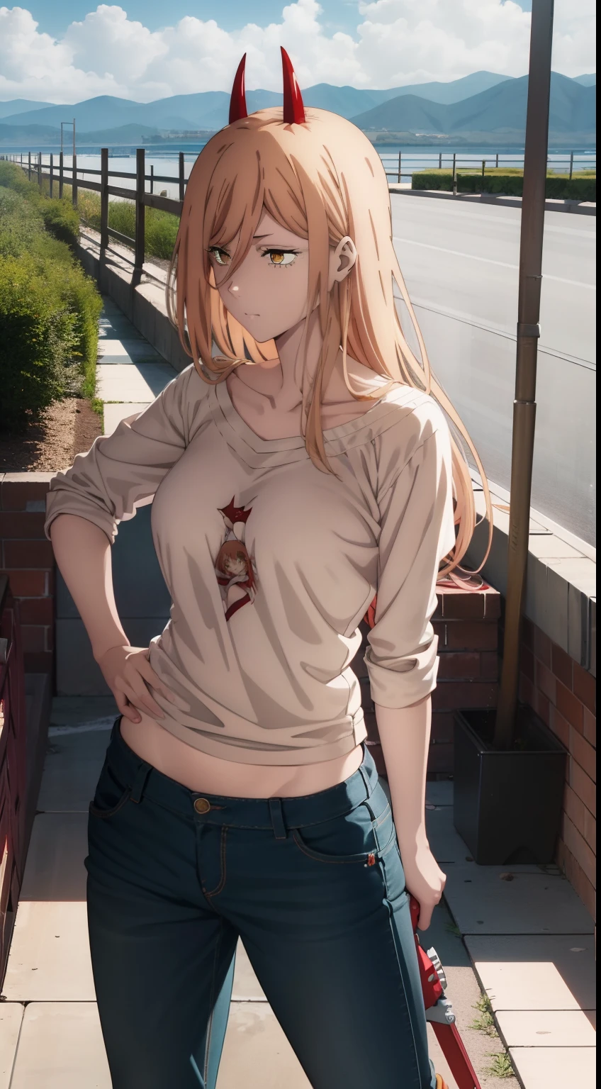 Brandishing the Red Hammer, hooligan, criminal, laughting, naked body, Nudie, shirt unbuttoned, stooping forward, bare breasts, tucked-up jeans, red sneakers, madwoman, vulgar, Erotica, half naked, beautiful breasts, waist, bare buttocks, sexy body, hight resolution, 1girl, 独奏, hairlong, blonde woman, dangerous,vivid eyes,Yellow eyes, Odin, Mesmerizing eyes,Confident,superior, naughty, (power \(chainsaw man\),), red horns, Energy from a chainsaw, Red horns on the head, Cool anime 8K, Clean and detailed anime art, 4K Manga Wallpapers, Подробный портрет Anime Girl, Anime 4K Style, Anime Art Wallpapers 4K, Anime Art Wallpaper 4K Masterpiece, Gorgeous, Best Quality,